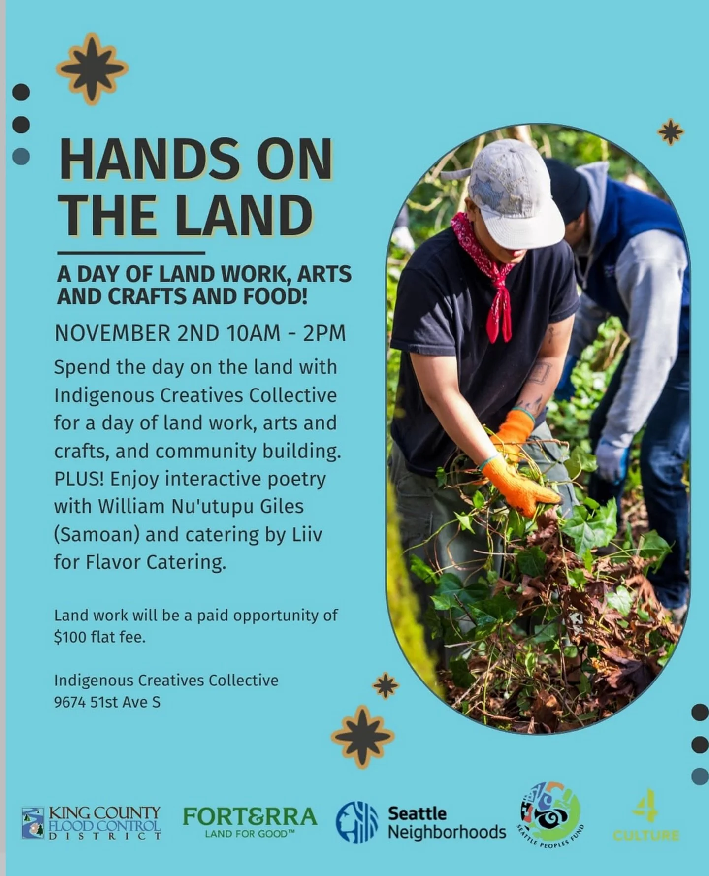Hands on The Land - Sunday November 2nd from 10 AM to 2 PM!

Join yəhaw̓ Indigenous Creatives Collective for a fun community Hands on The Land workday. Many hands on the land make light work, and we have lots to do to get the land ready for spring an