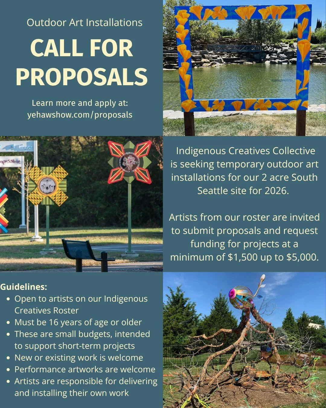 Opportunity for Indigenous Creatives!

We&rsquo;re seeking outdoor art installations for our 2-acre South Seattle site in 2026. If you&rsquo;re on our roster, submit a proposal and request funding from $1,500 to $5,000. 

Projects can be site-specifi