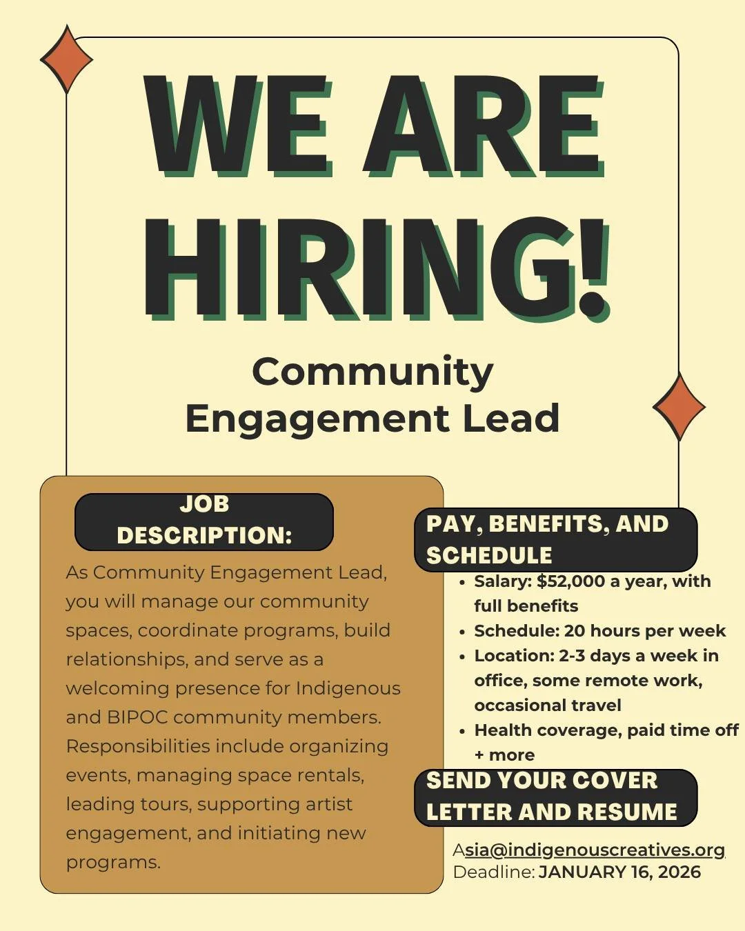 We&rsquo;re hiring: Community Engagement Lead!

Join the team at yəhaw̓ Indigenous Creatives Collective and help us create a thriving, inclusive space for Indigenous artists and community in South Seattle. 

Job Description:
As Community Engagement L