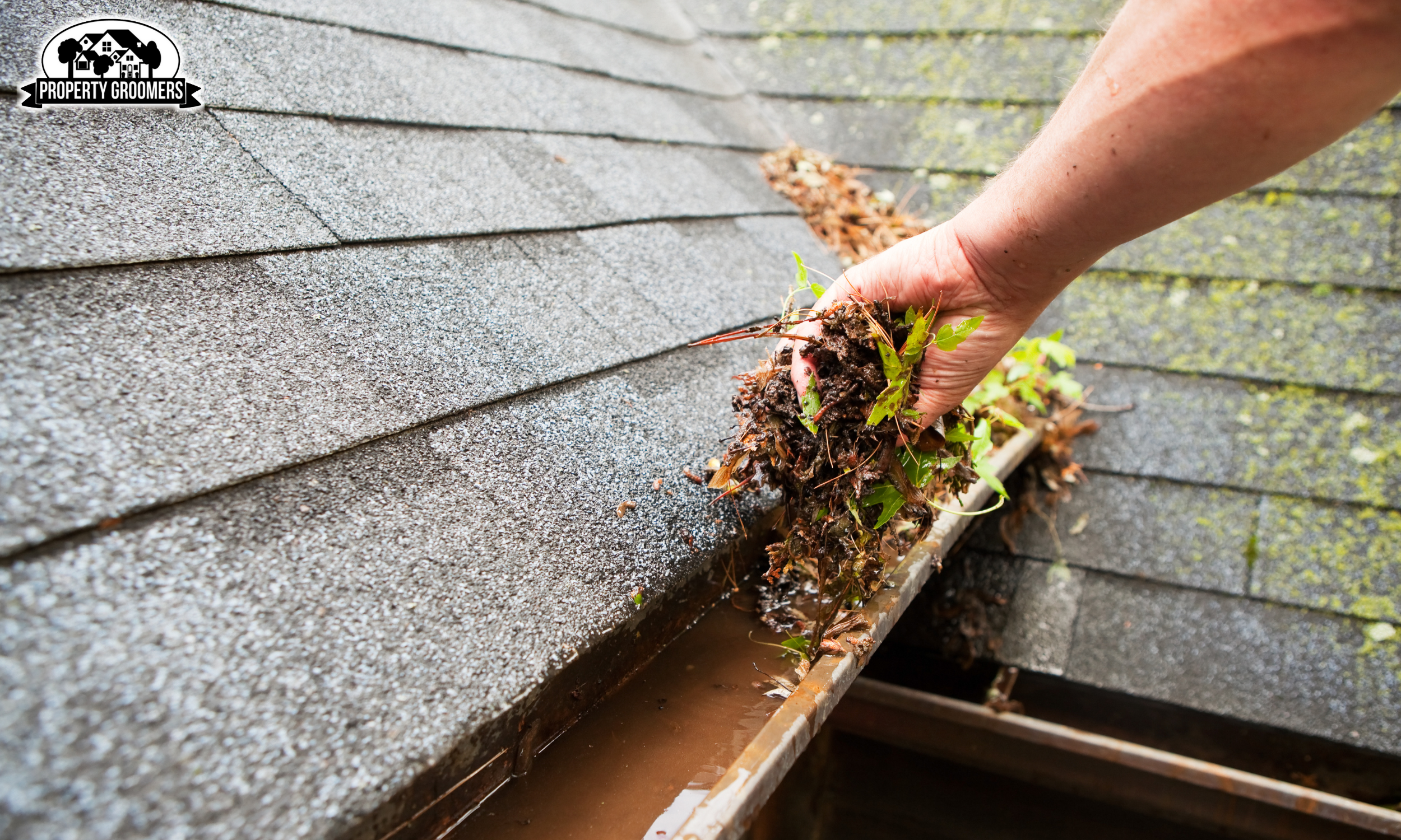 man cleaning moss and leaves out of clogged gutter