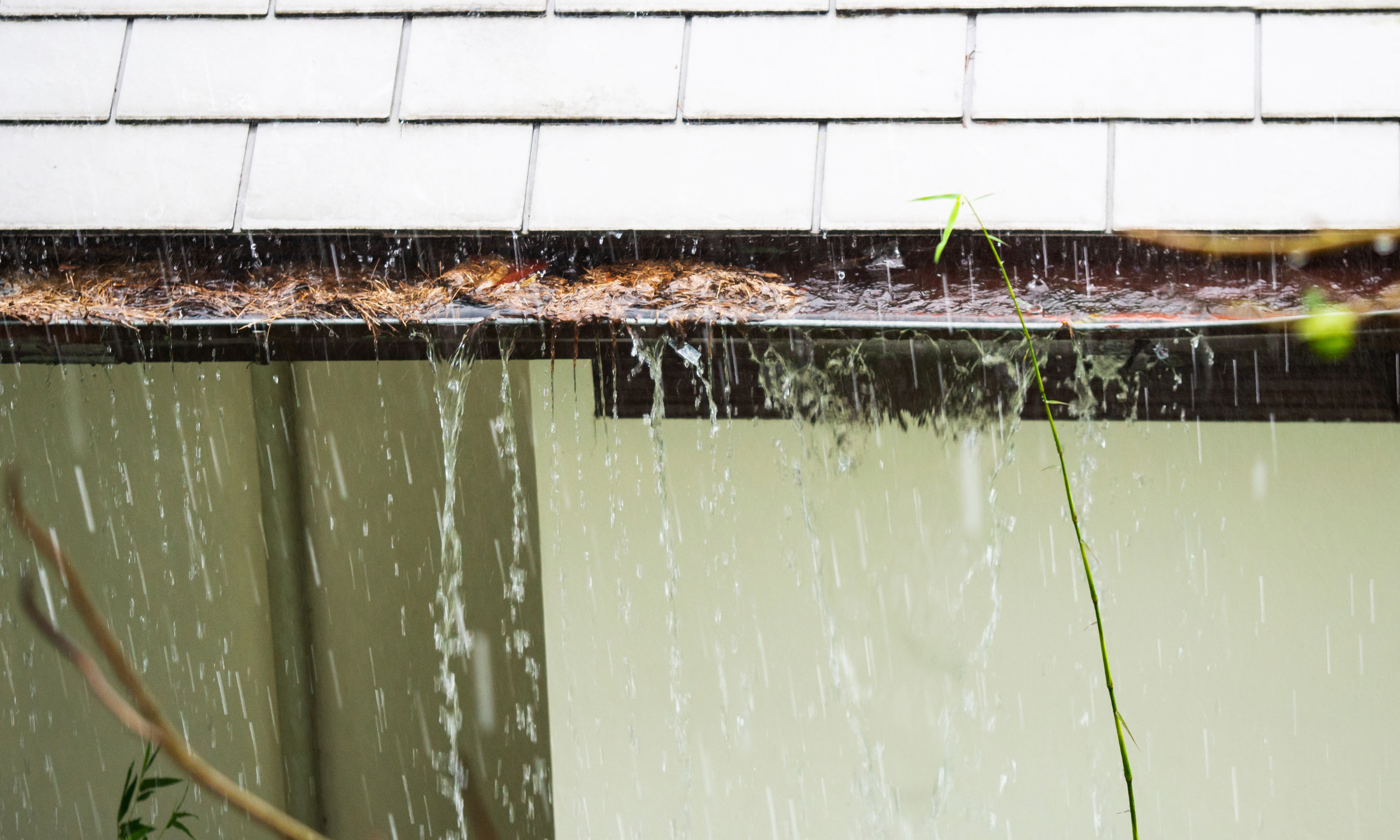 water overflowing from gutter clogged with leaves