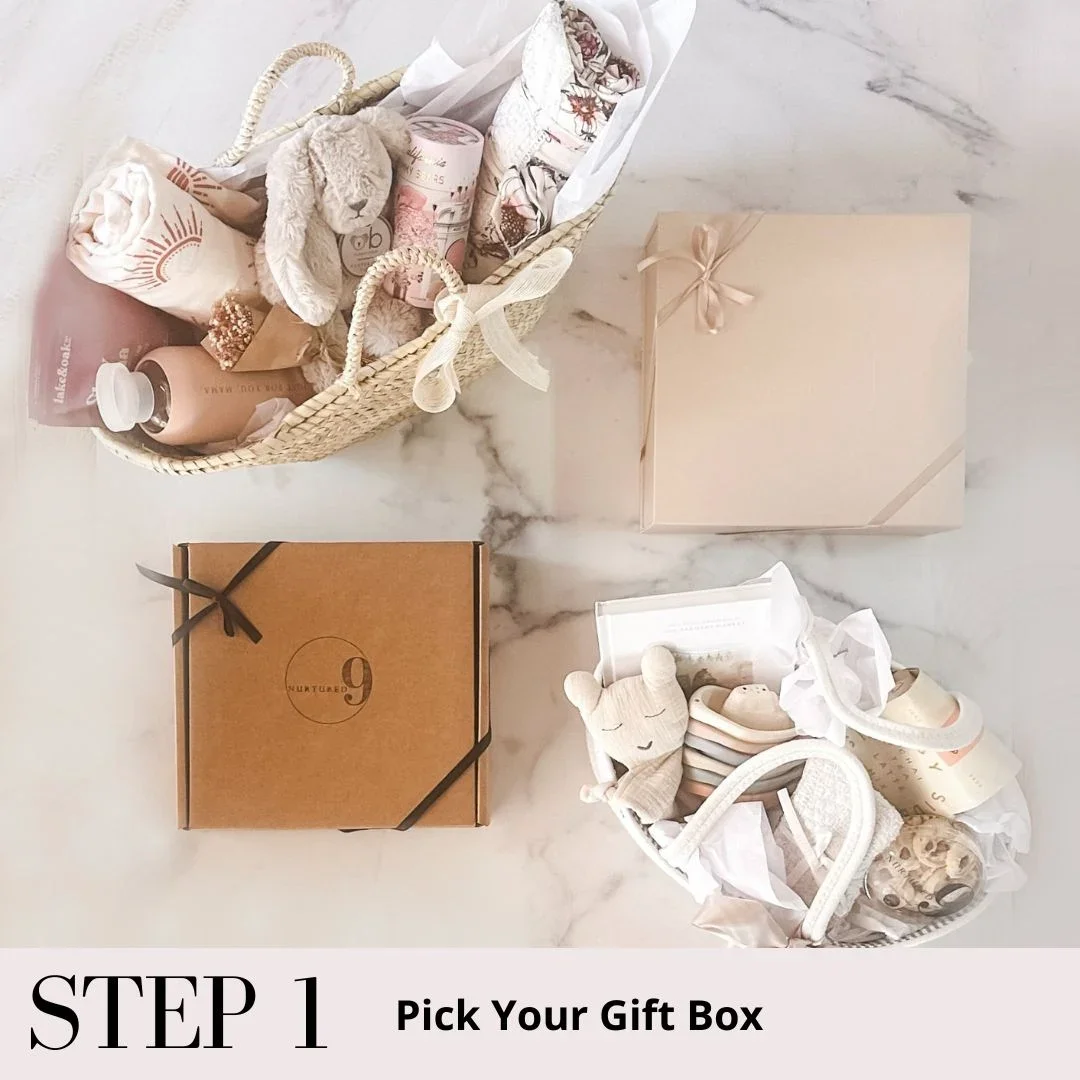 four pregnancy gift box options including a basket, luxe box, and a kraft box