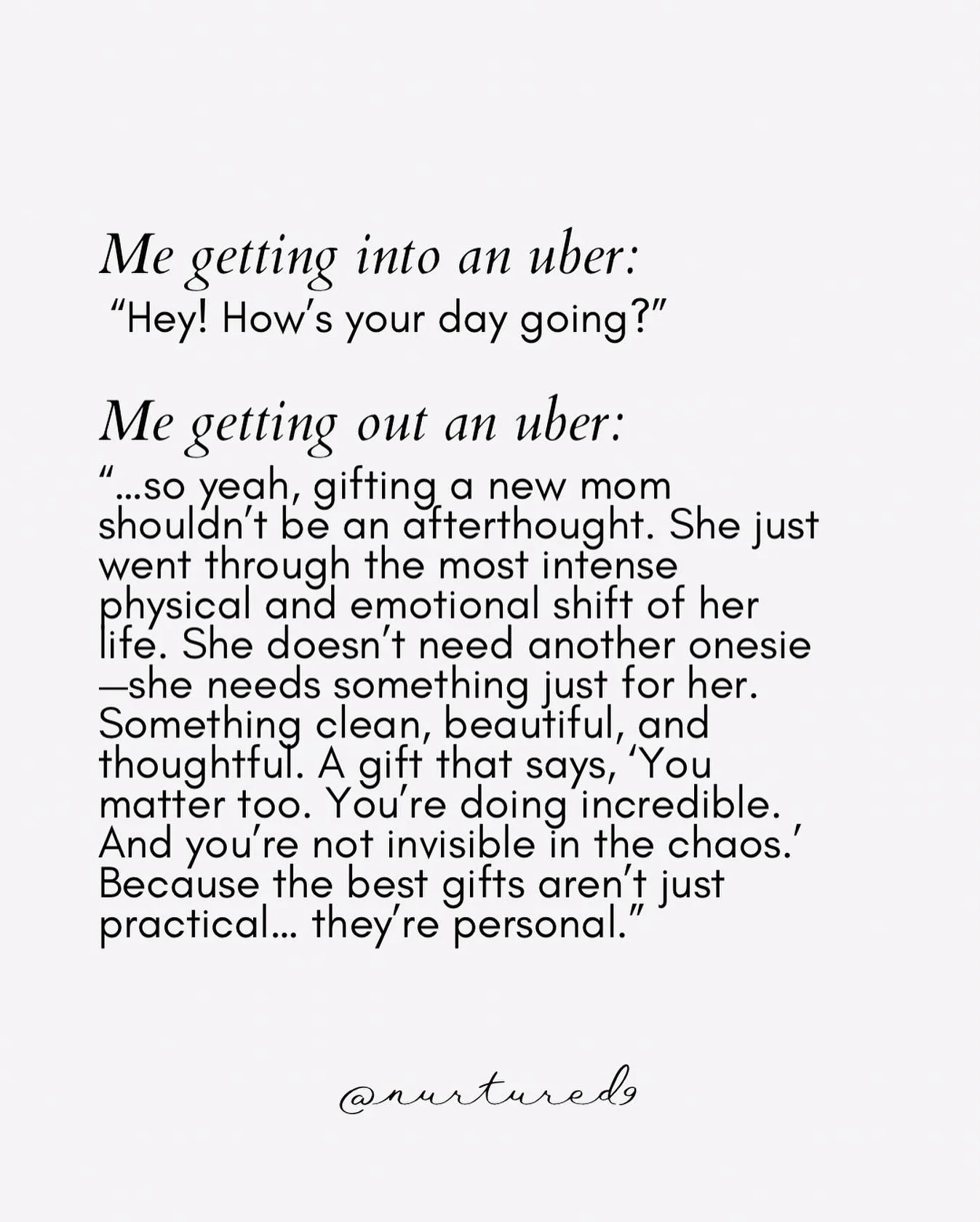 This may or may not be based on a true story&hellip; 🤭

Because the best new mom gifts don&rsquo;t say &ldquo;for the baby&rdquo;&mdash;they say &ldquo;I see you, mama.&rdquo;

Thoughtful, non-toxic, beautifully curated pregnancy and postpartum gift