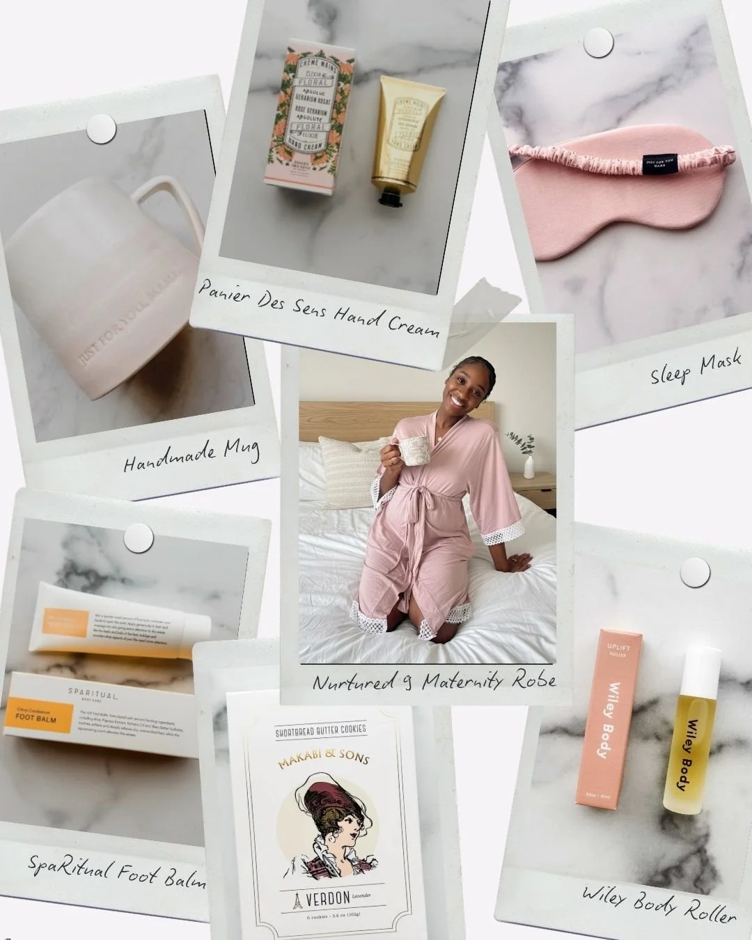 ✨🤔 Wondering what to put into your next pregnancy care package? Here's some inspiration to get you started at Nurtured 9! 🎁

@panierdessens hand cream
sleep mask
maternity robe (modeled here by @amarigoinss)
@wileybody uplift roller
@makabiandsons 