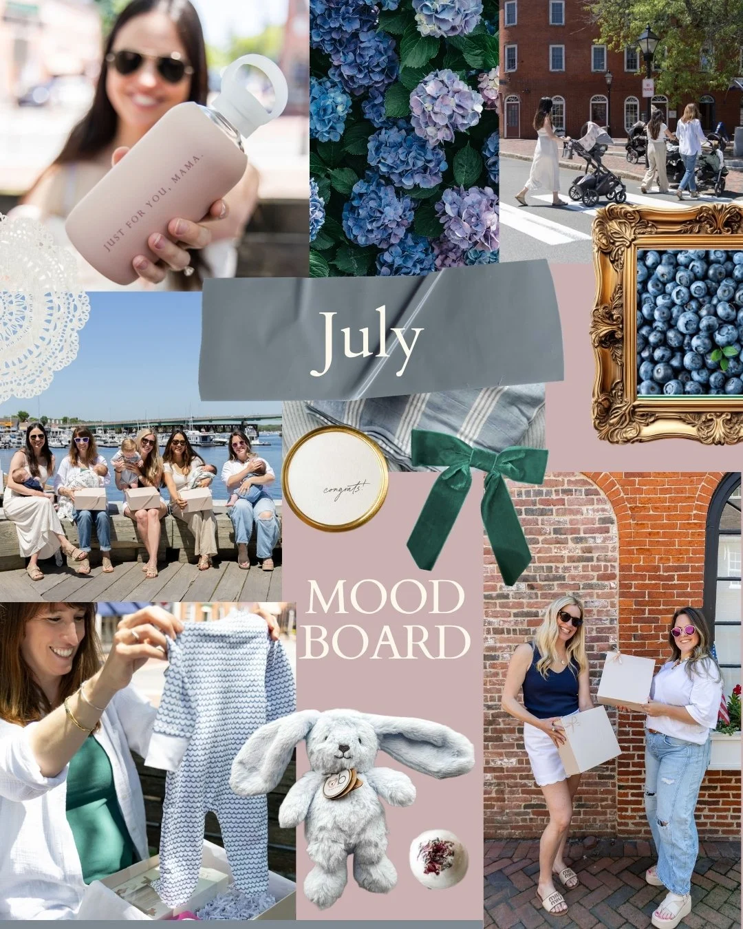 Our July mood board includes some moments from our recent photoshoot in beautiful Newburyport, Massachusetts, featuring a wonderful group of local new moms! Together, they helped us capture one of our favorite things: the joy of one friend showing up