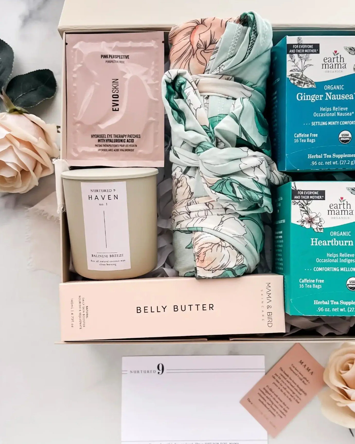 Our Feel Good Pregnancy Gift Box is one of our signature curations that's been at Nurtured 9 for a long time (it was one of the very first gift boxes we ever curated!). It now comes with a NEW robe option - our mint green floral maternity/postpartum 