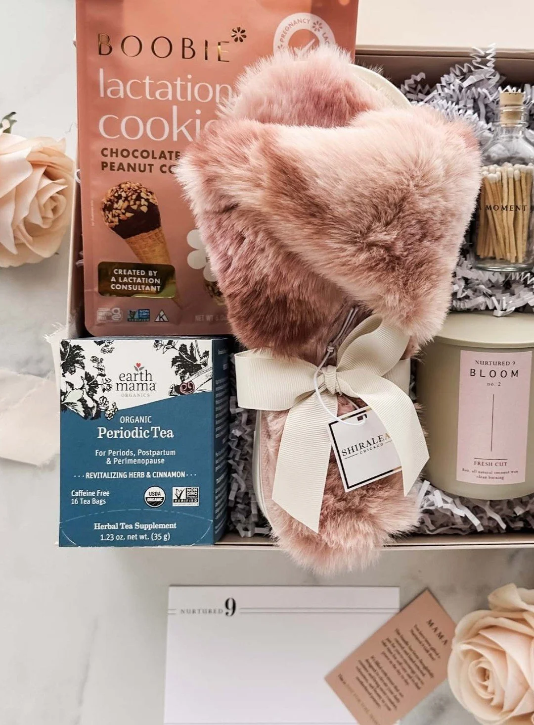 Our Peaceful Postpartum Gift Box sets the perfect stage for a new Mama to relax: She'll light her clean-burning candle with a set of beautiful apothecary matches, reading the sweet sentiment "Moment for Mama" printed along the side of the b