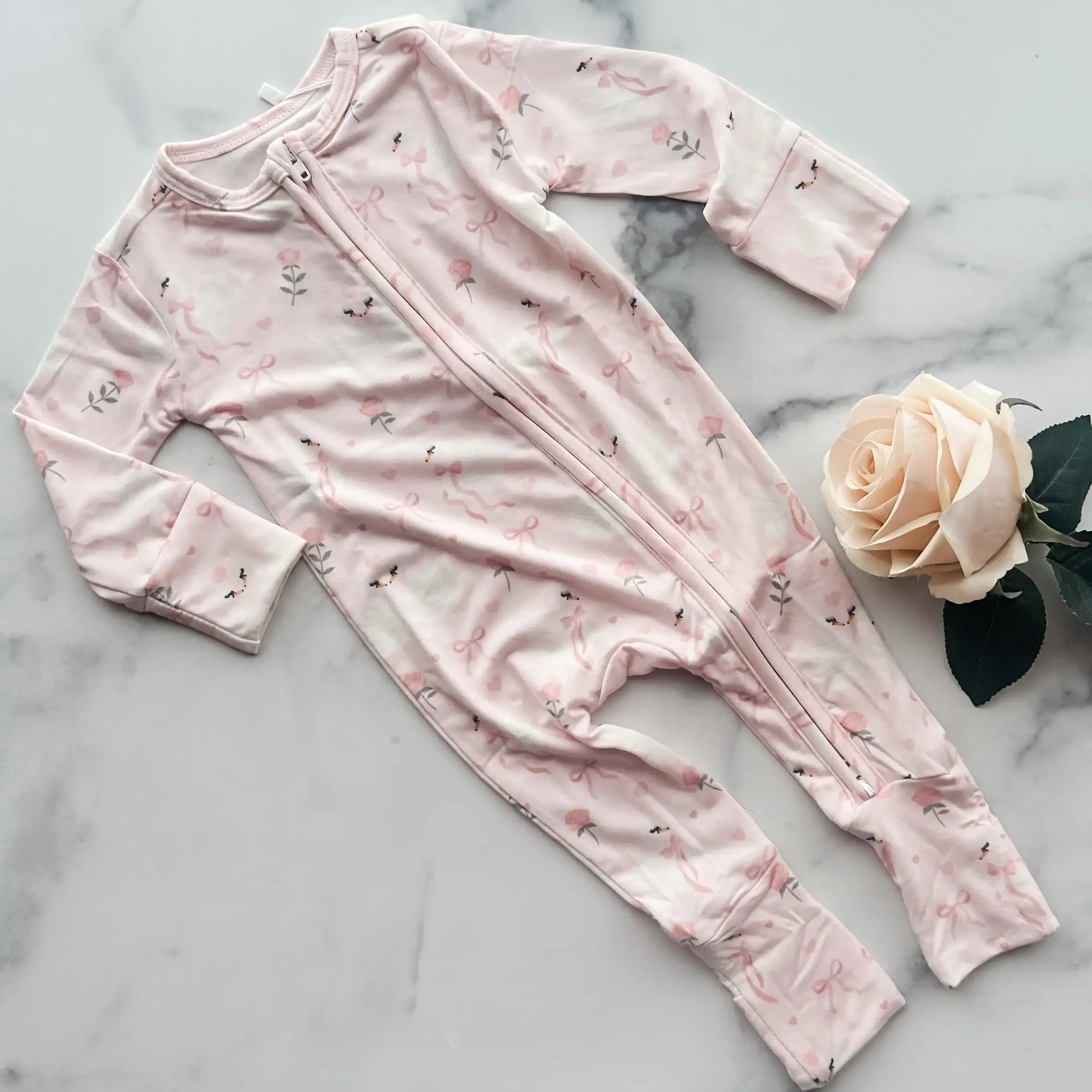 Copper Pearl Zip Up Footie (Pink Floral)