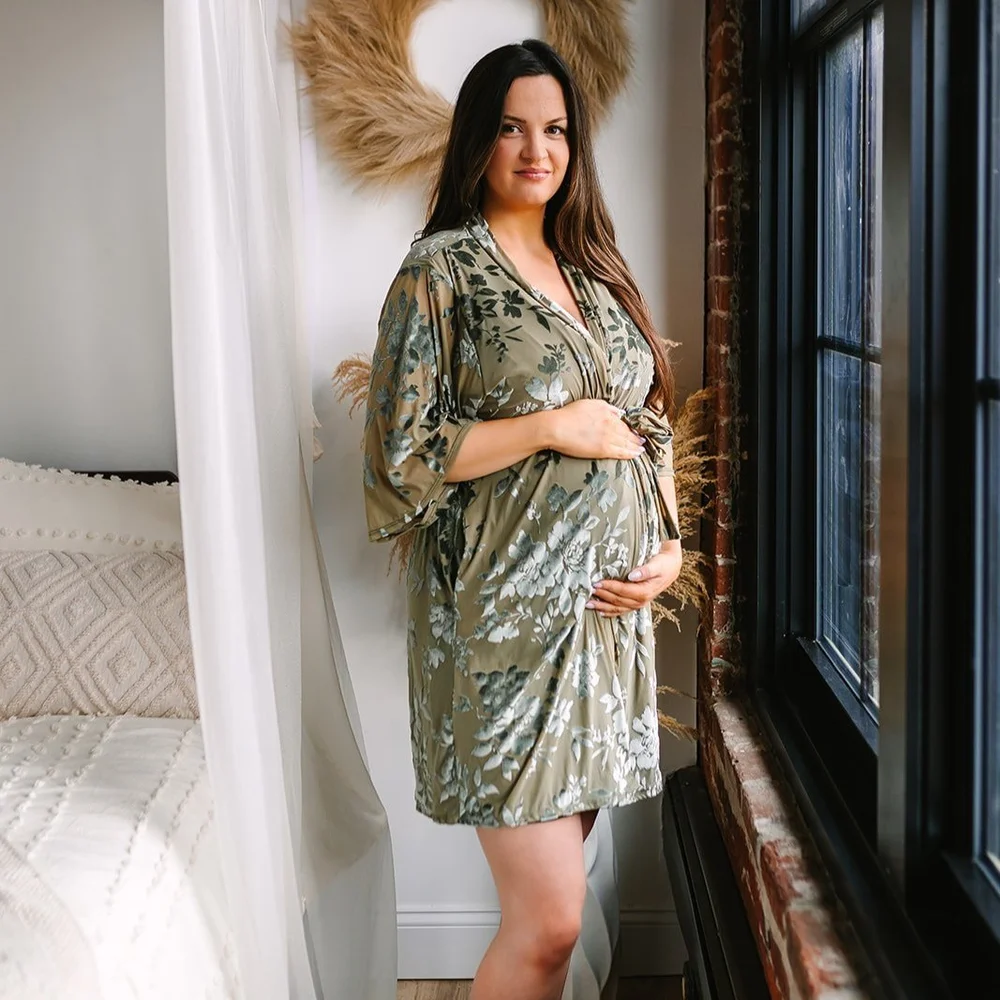 Nurtured 9 Maternity Robe -- Green Velvet Floral NURTURED 9 Nurtured 9 Maternity Robe -- Green Velvet Floral NURTURED 9
