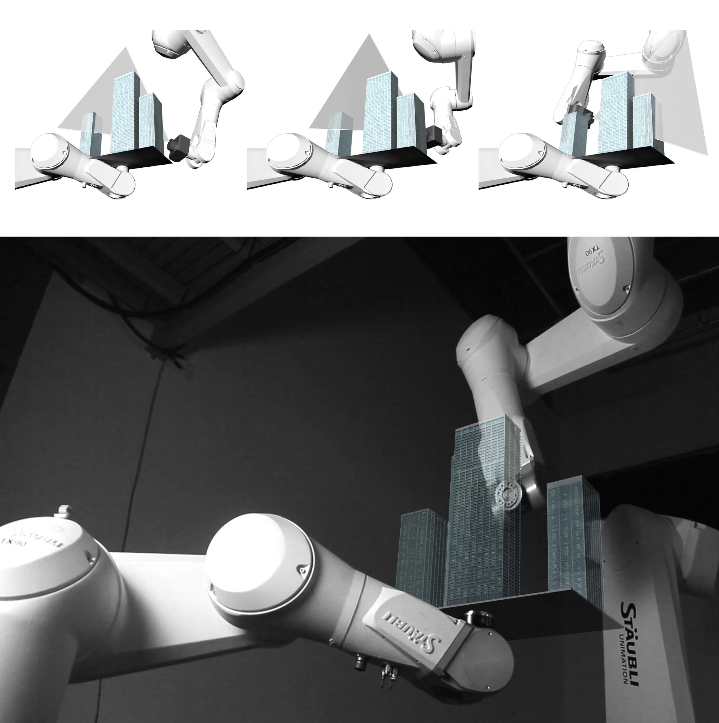 Rethinking the representation of a viewer’s experience moving through space, the given visual language of movement through space is something like panoramic scene in a film. Where the experiences of space is created through a sequence of consistently captured still images of uniform resolution, delivered at a fixed framerate. In this process, we translated the site, the Toronto Dominion, to the Robot House. This gave a platform to conduct exact experiments in the nature of the moving image. The Camera attached to Robots is treated as a model of a person/viewer, that can move through a model site, (also re-created in the Robot house). Camera paths parallel the digital simulations, providing two platforms of representation of a person moving through the Toronto Dominion. We used the footage that we took in the lab to examine the gap between digital and physical, between human and camera. Creating parallel versions of discontinuity using both virtual and physical camera images.