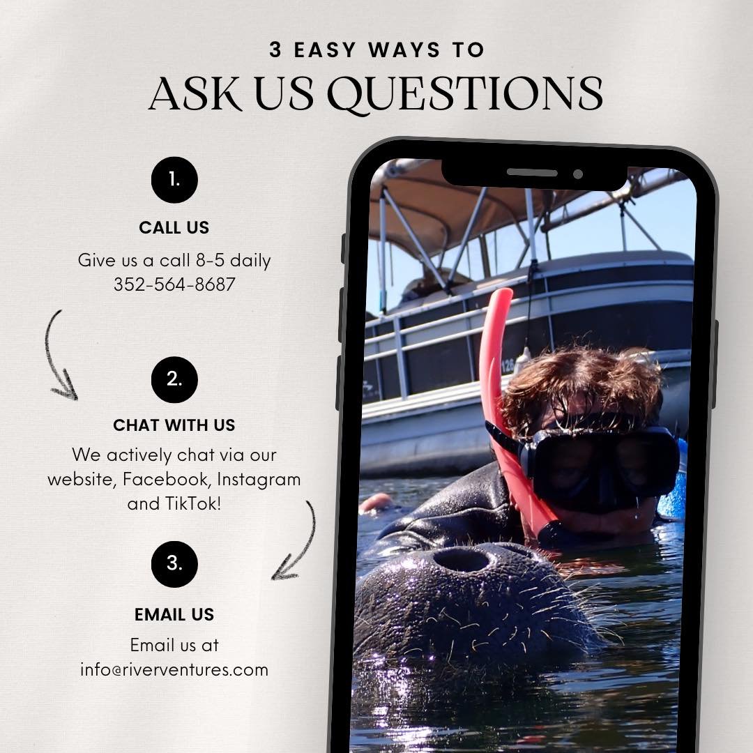 Got questions? We&rsquo;ve got answers!

#AdventureTime #familyfun #manatees #adventure #CrystalRiver #Florida #outdoors #swimwithmanatees #vacation