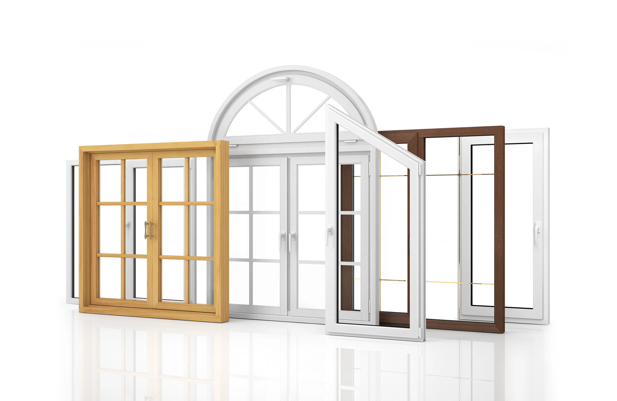 Eri värisiä ja tyylisiä ikkunoita.