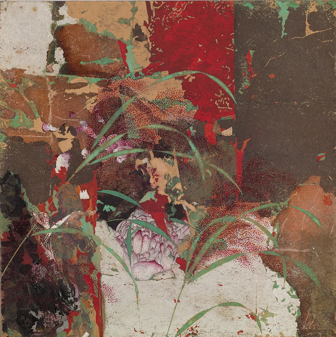  盎然  敦煌土、銀箔、礦物色  42 x 42 cm  2008   作品查詢  