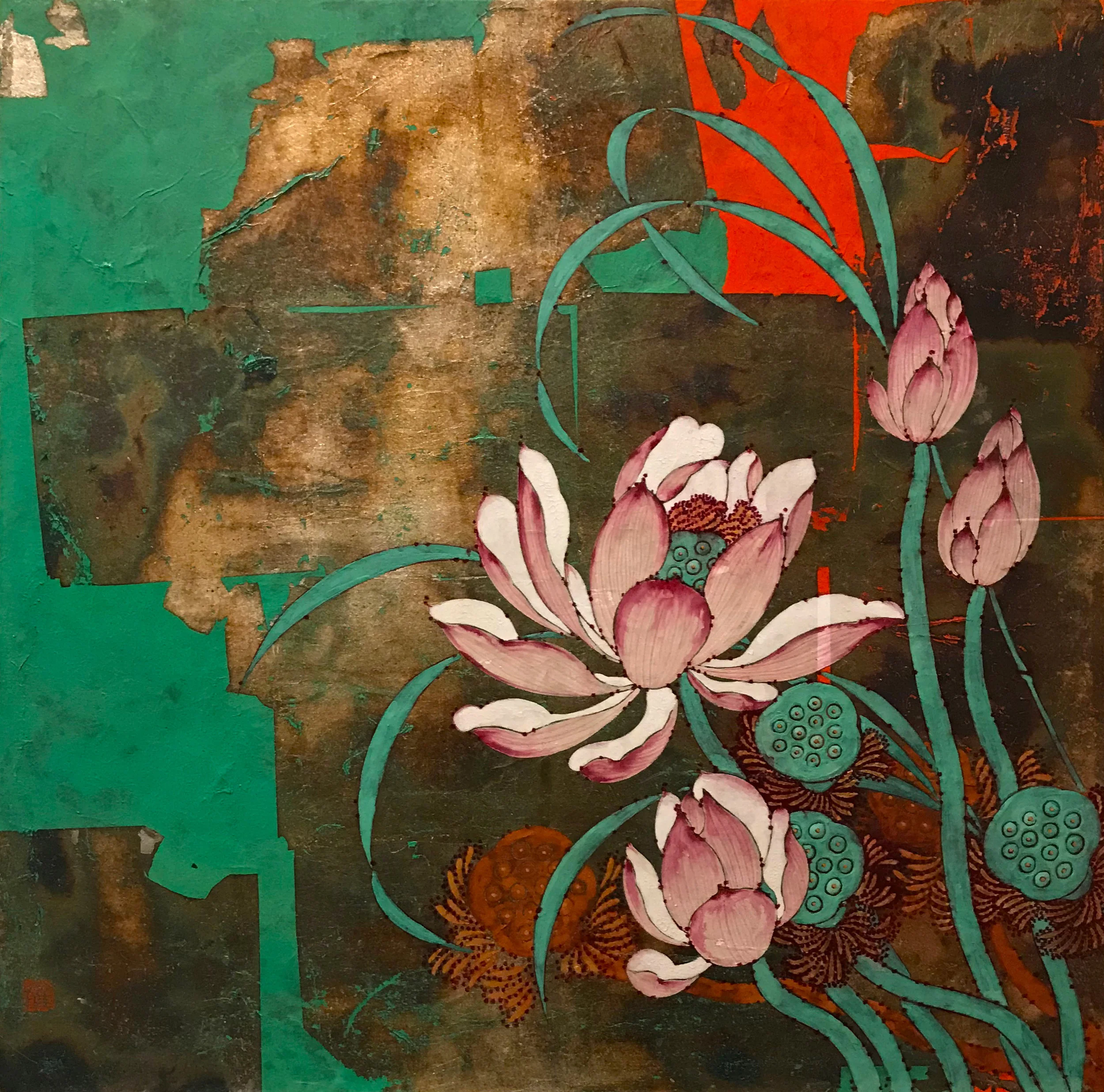  靜緣  敦煌土、銀箔、礦物色  40 x 40 cm  2017   作品查詢  