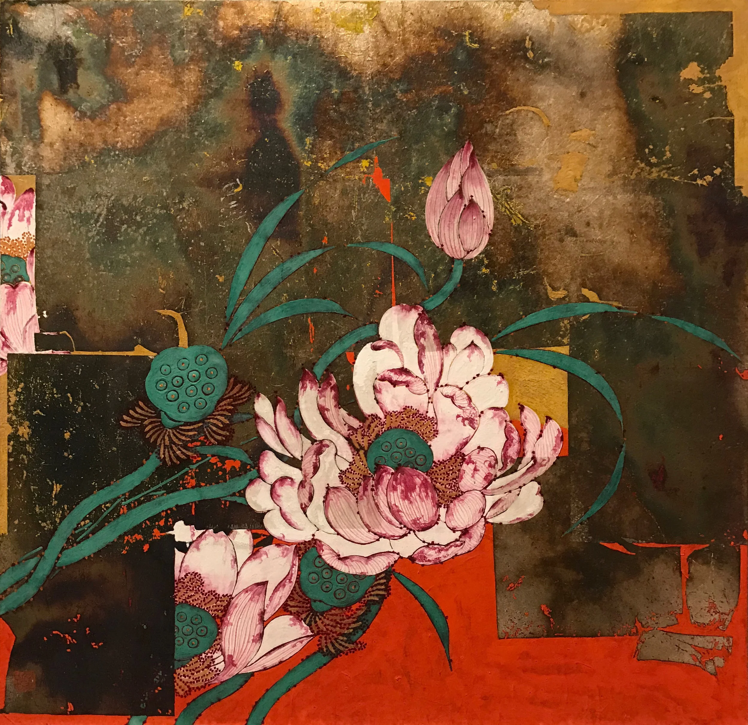  詠荷  敦煌土、銀箔、礦物色  40 x 40 cm  2017   作品查詢  