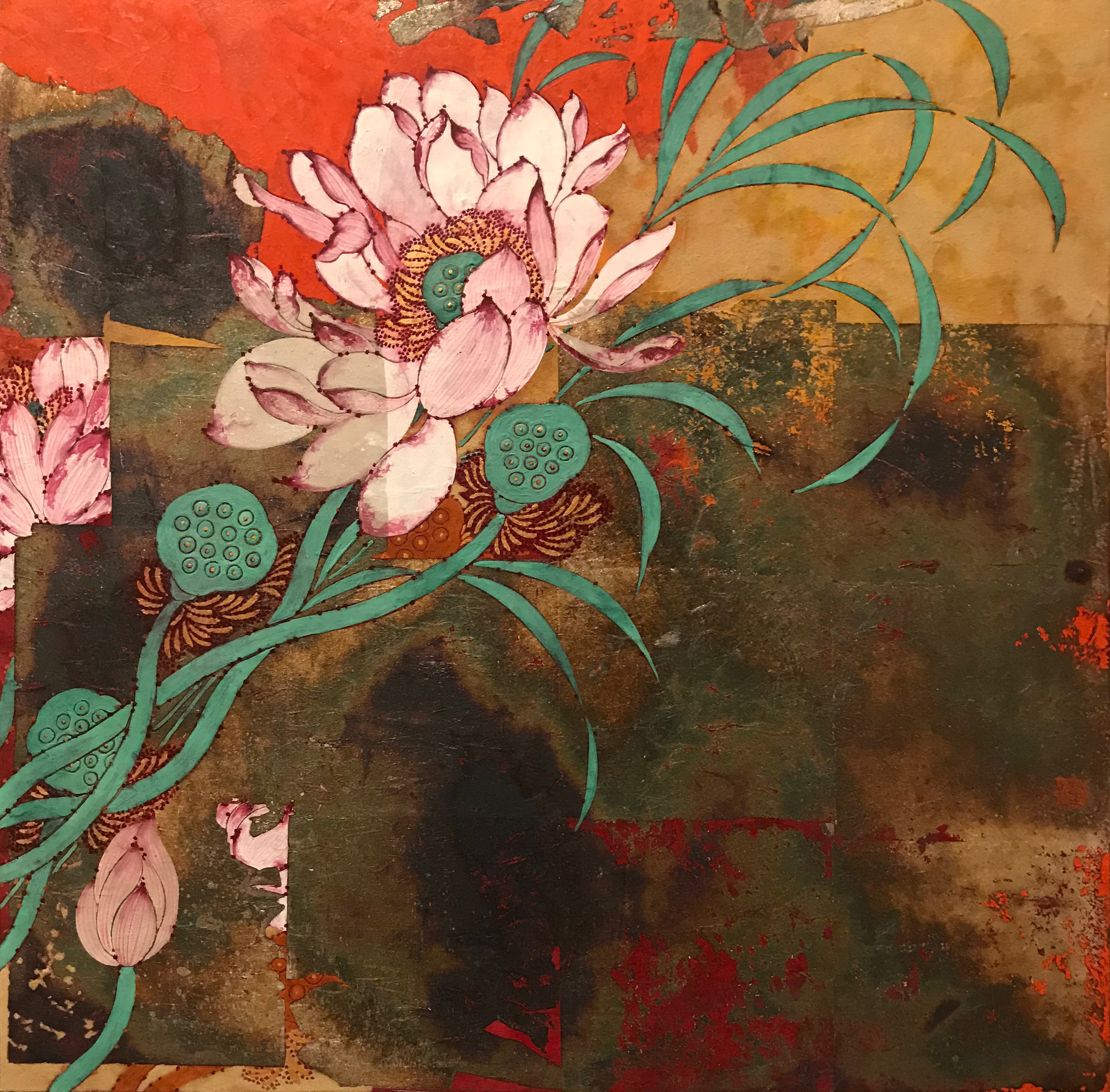  漫舞  敦煌土、銀箔、礦物色  40 x 40 cm  2017   作品查詢  