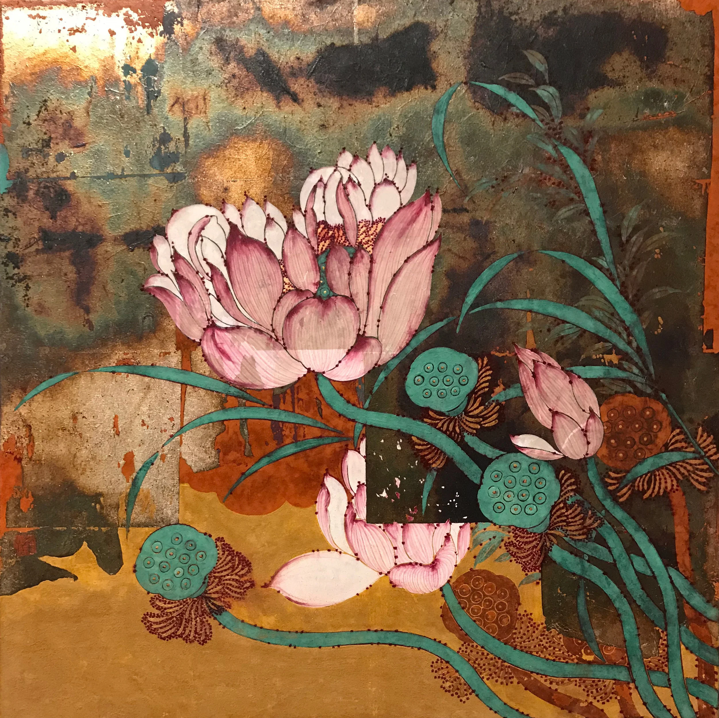  麗日  敦煌土、銀箔、礦物色  40 x 40 cm  2017   作品查詢  