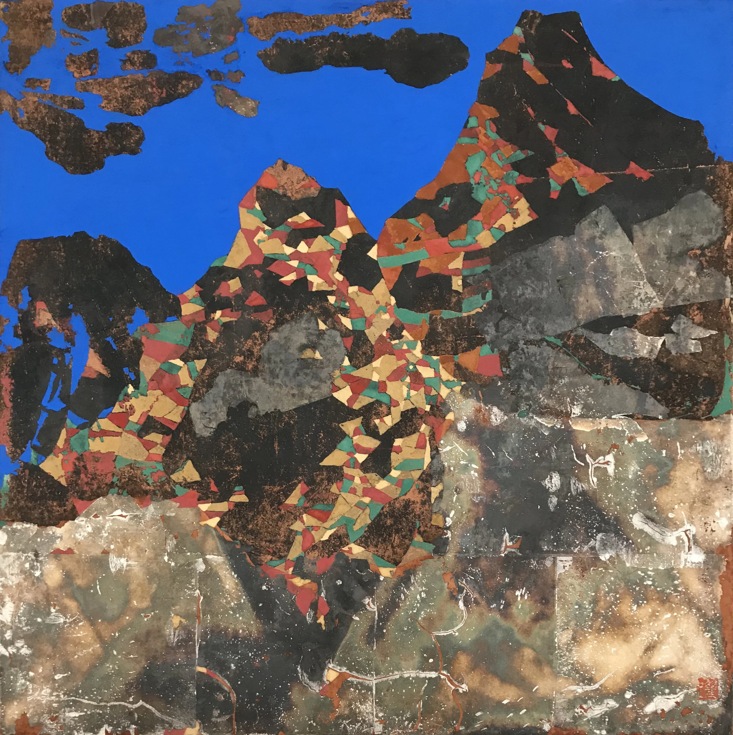  神山 (一)  敦煌土、銀箔、礦物色  40 x 40 cm  2018   作品查詢  
