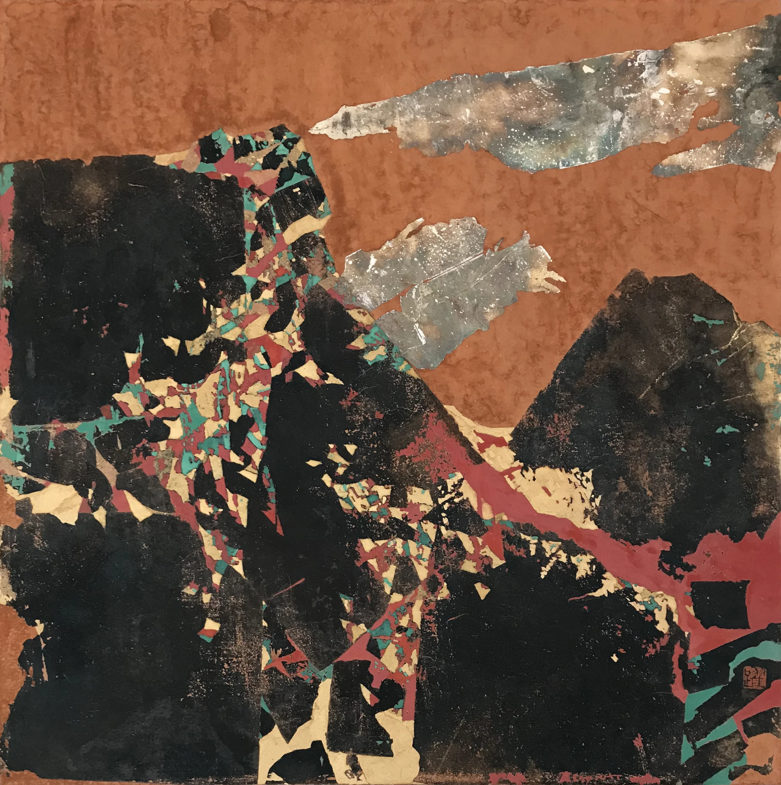  神山 (四)  敦煌土、銀箔、礦物色  40 x 40 cm  2018   作品查詢  