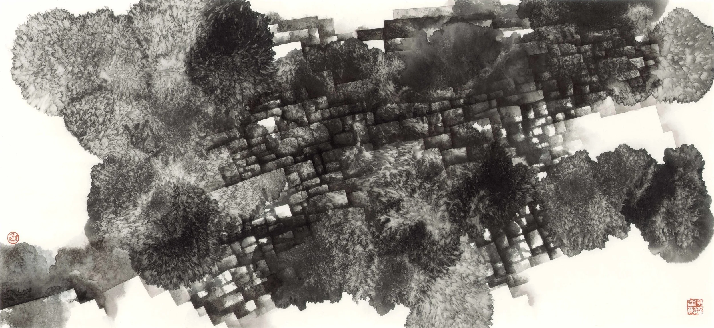  石牆   水墨設色紙本   35 x 76 cm   2018 