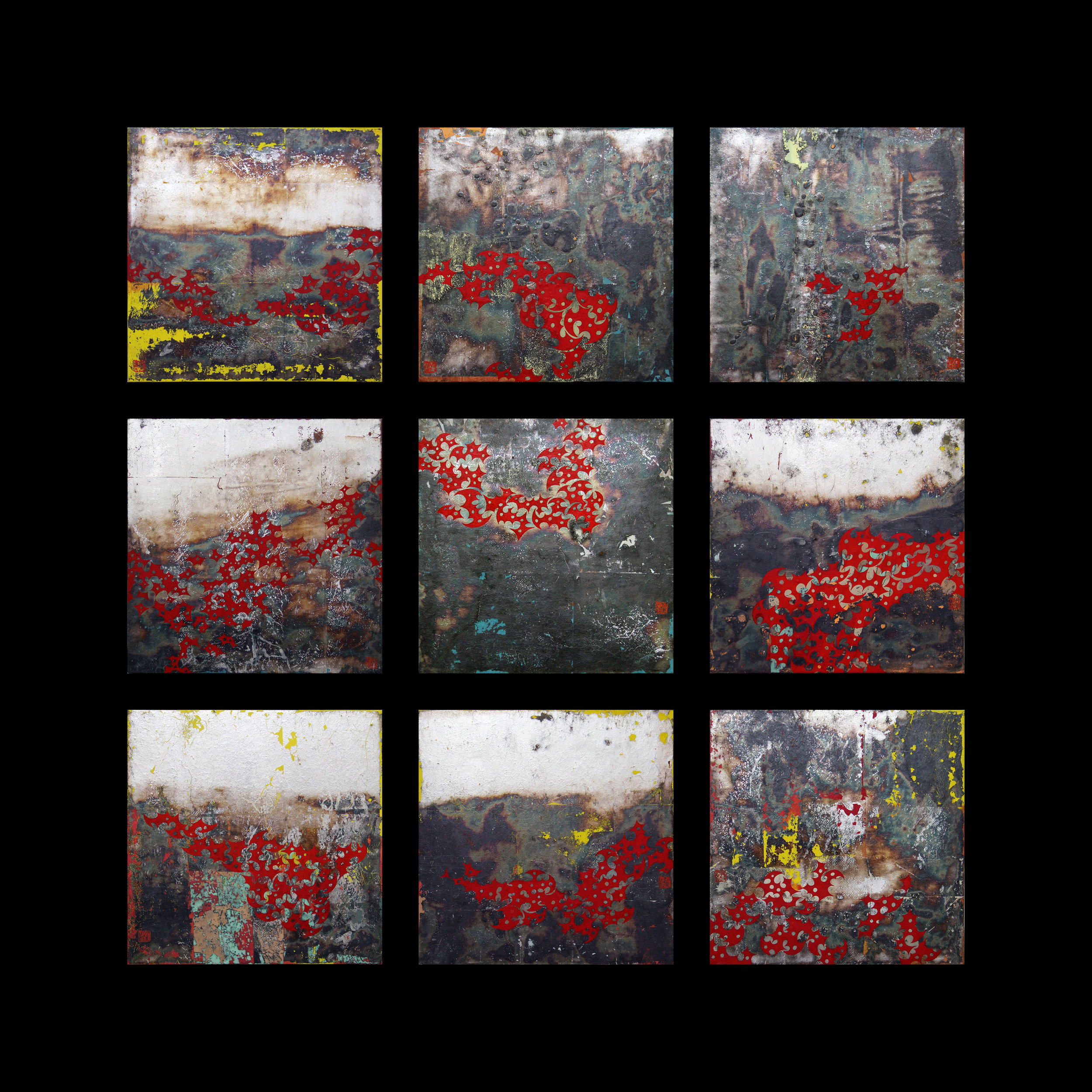  游離  敦煌土、銀箔、礦物色  25 × 25 cm x 9  2014   作品查詢  