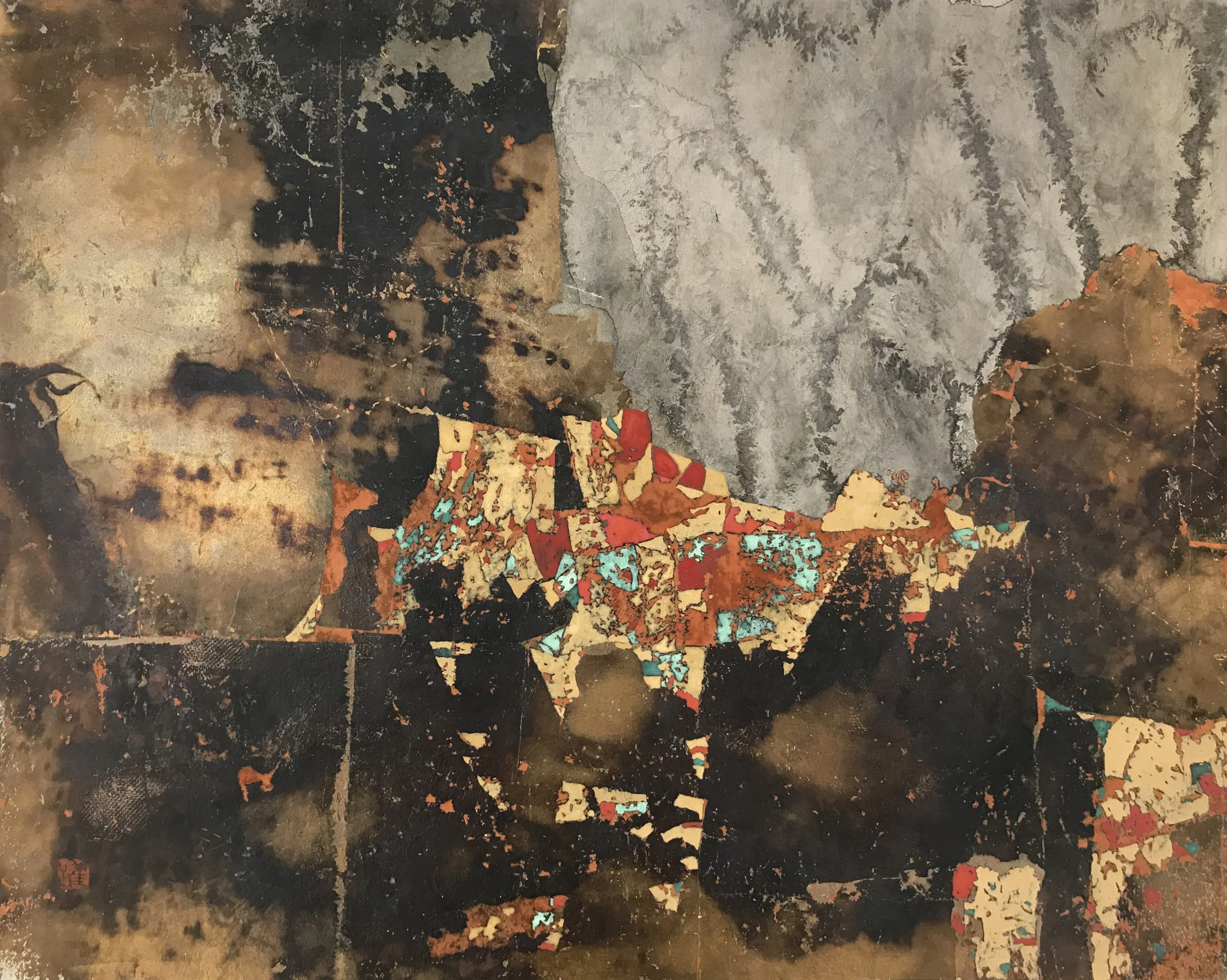  神山 (七)  敦煌土、銀箔、礦物色  40 x 50 cm  2018   作品查詢  