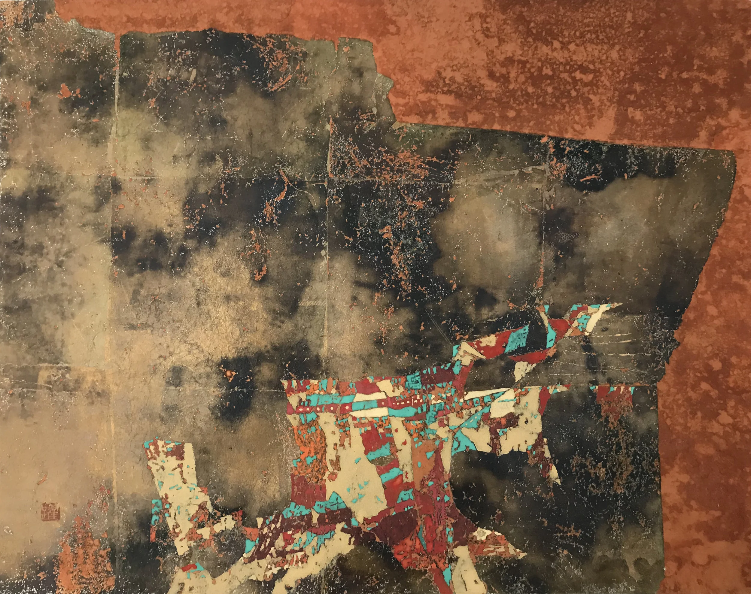  神山 (六)  敦煌土、銀箔、礦物色  40 x 50 cm  2018   作品查詢  