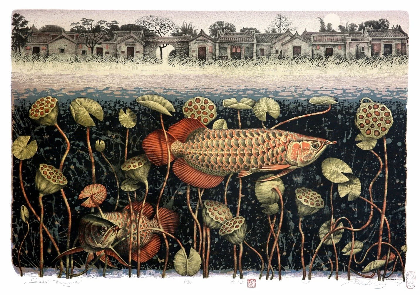 夕照龍魚  平版及絲網版畫  68 x 100 cm   2017