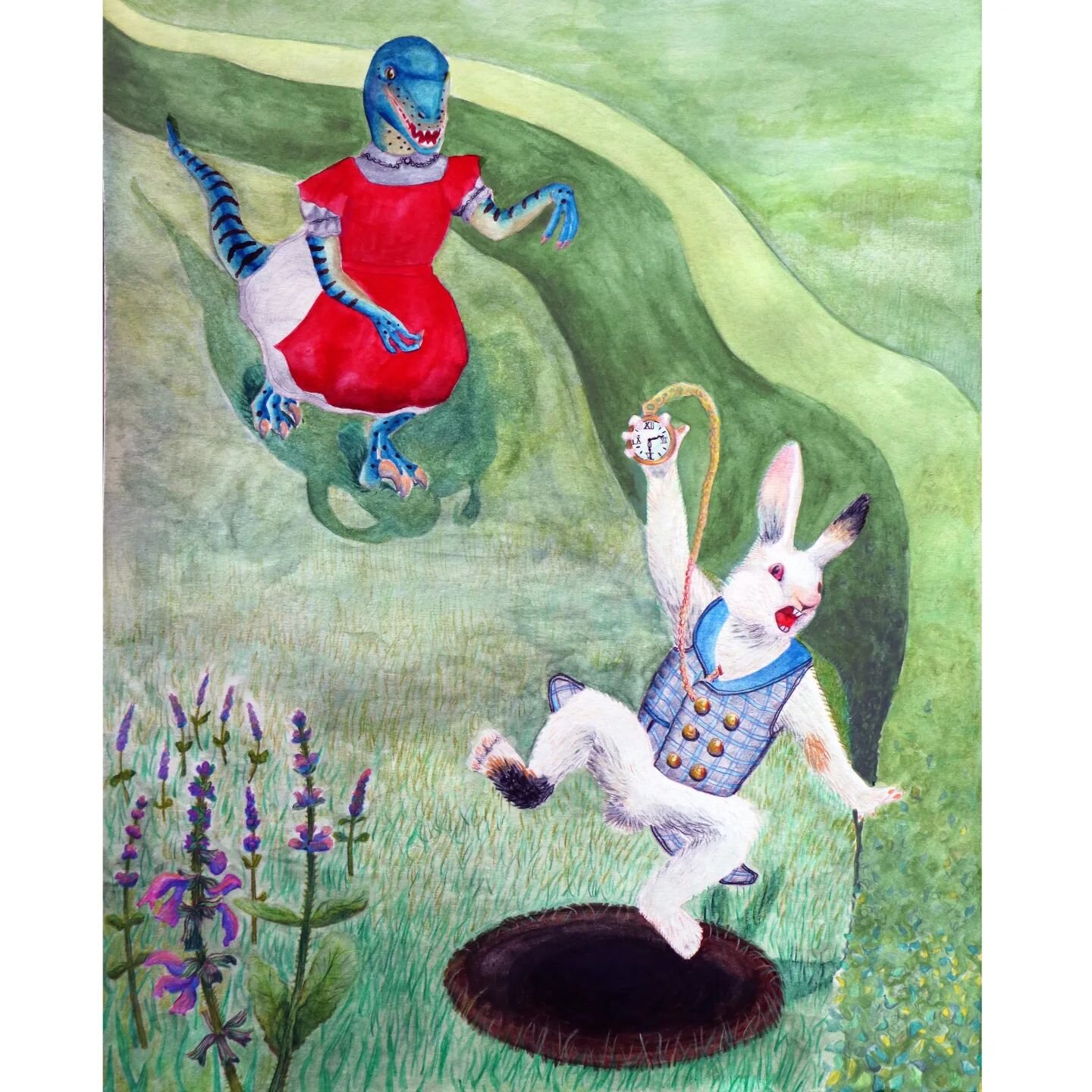 Aliciraptor running after the White Rabbit without any ulterior motive 😇😅 
#aliceinwonderland #dinosaurart #incorrectdinosaurs #handdrawnillustration