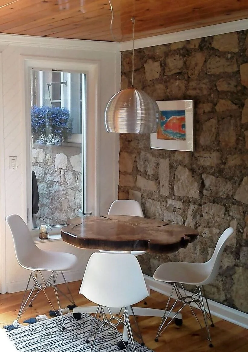 Carved wooden slab table