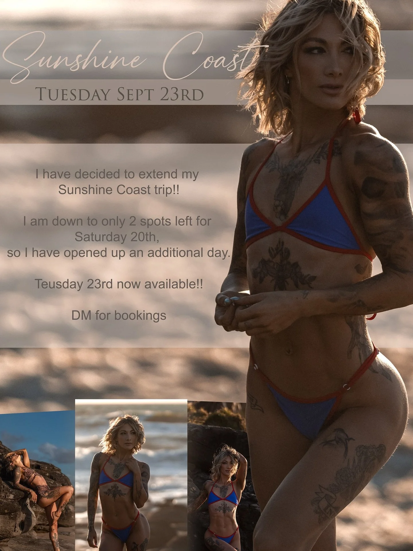 Sunshine Coast!!
Im staying an extra night and have now opened up Tuesday 23rd September.

If you were looking to book in while I&rsquo;m up after the @icnqld, DM to secure a spot.