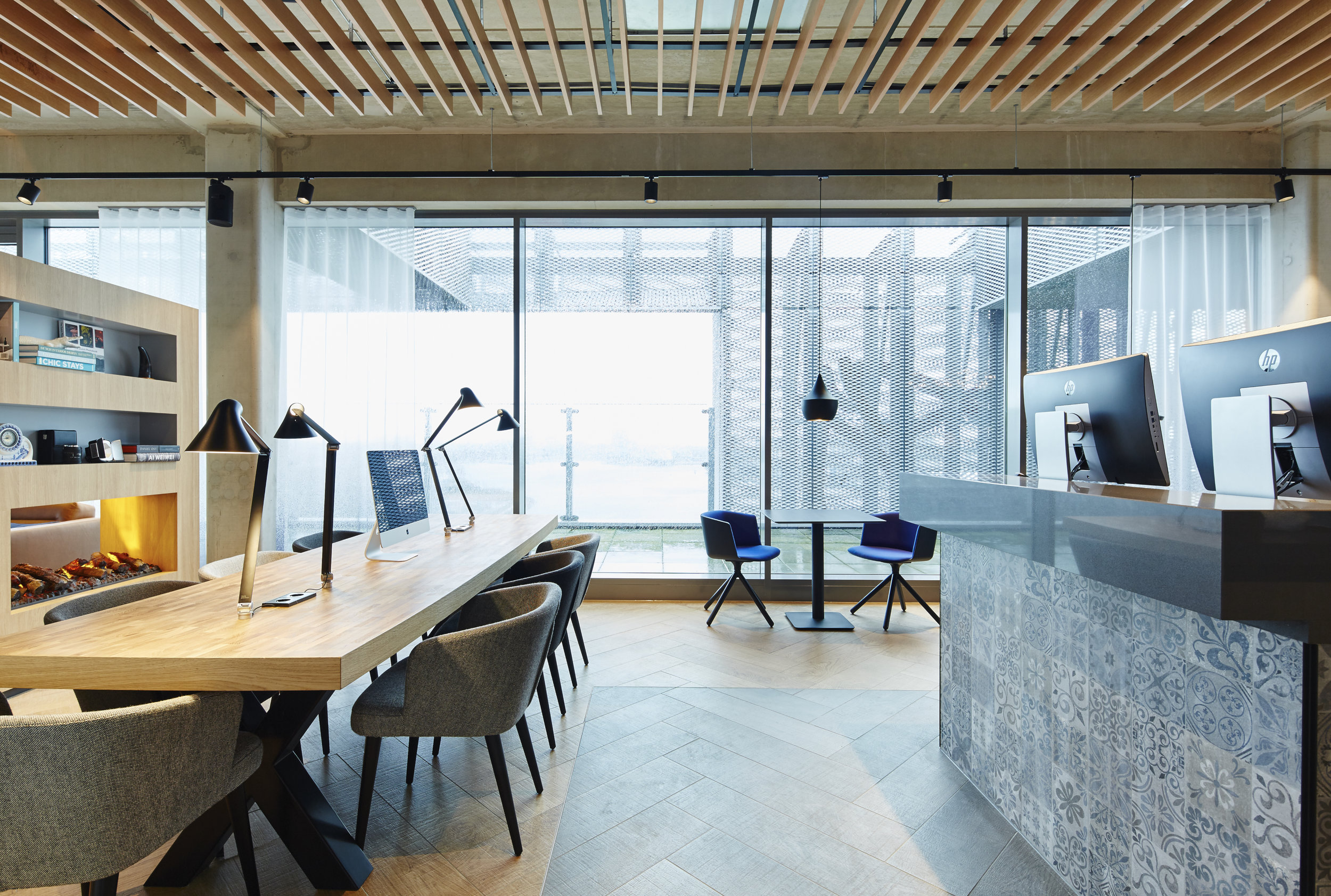 Lobby/workspace at the Amsterdam Residence Inn.  Hotel photography by Mike Caldwell 