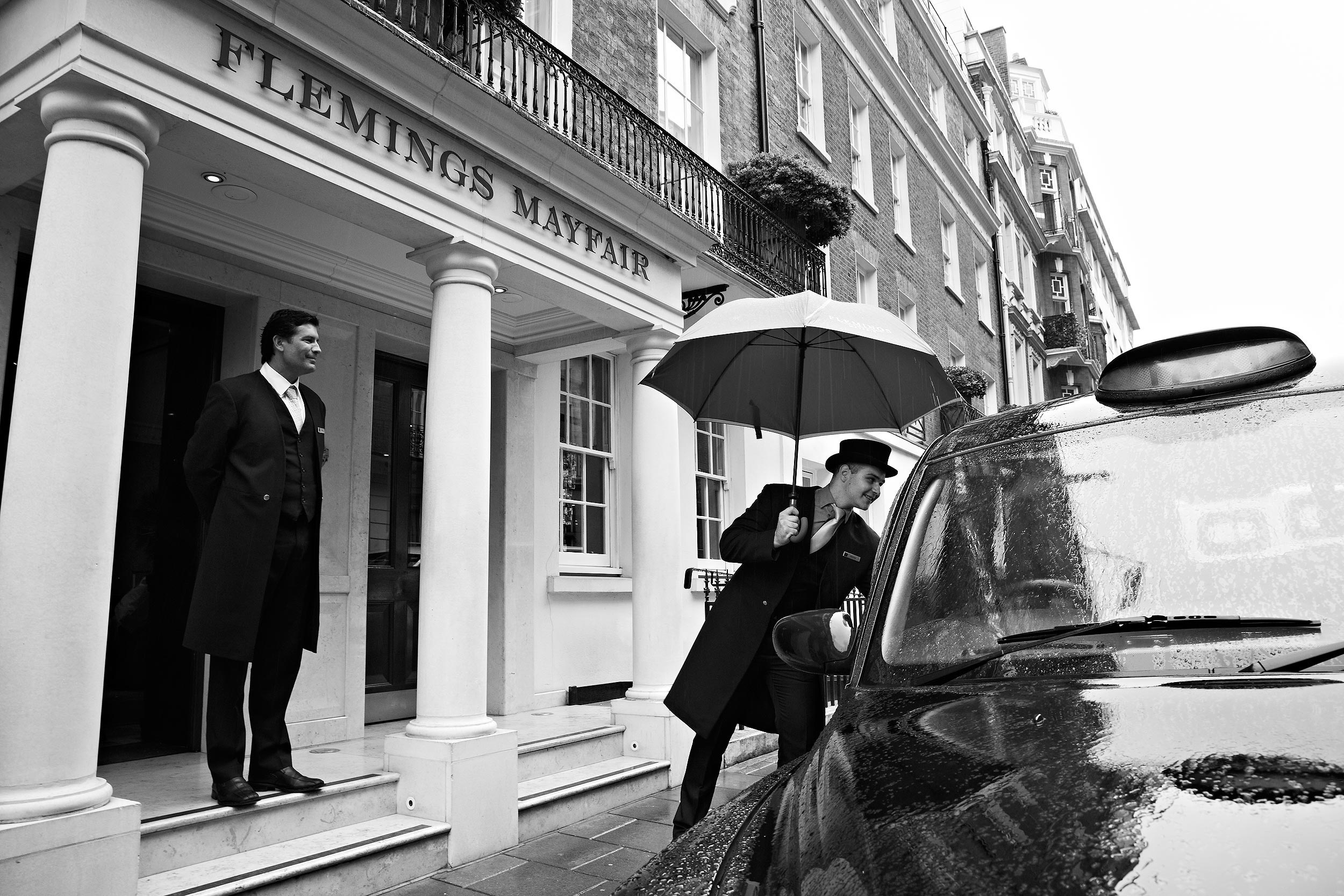 Arrival at Flemings Mayfair hotel, London.  Boutique hotel photography by Mike Caldwell 