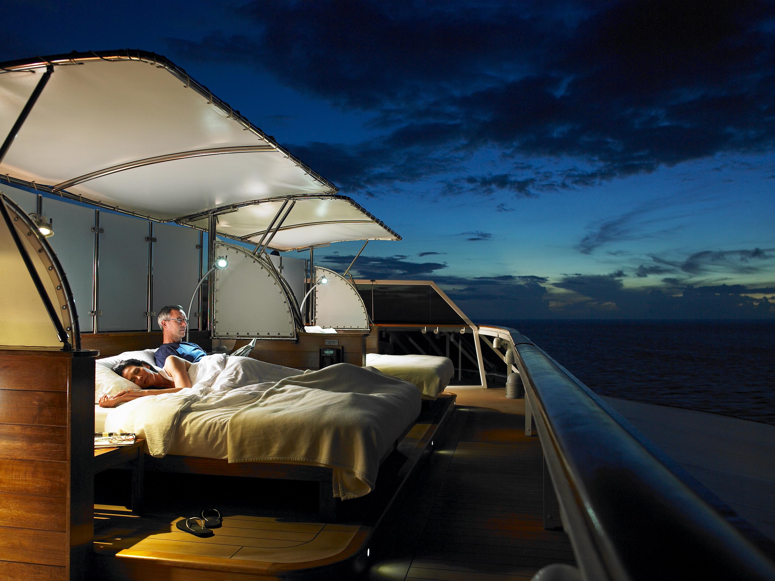 Bali beds aboard The World.  Exterior photography by Mike Caldwell