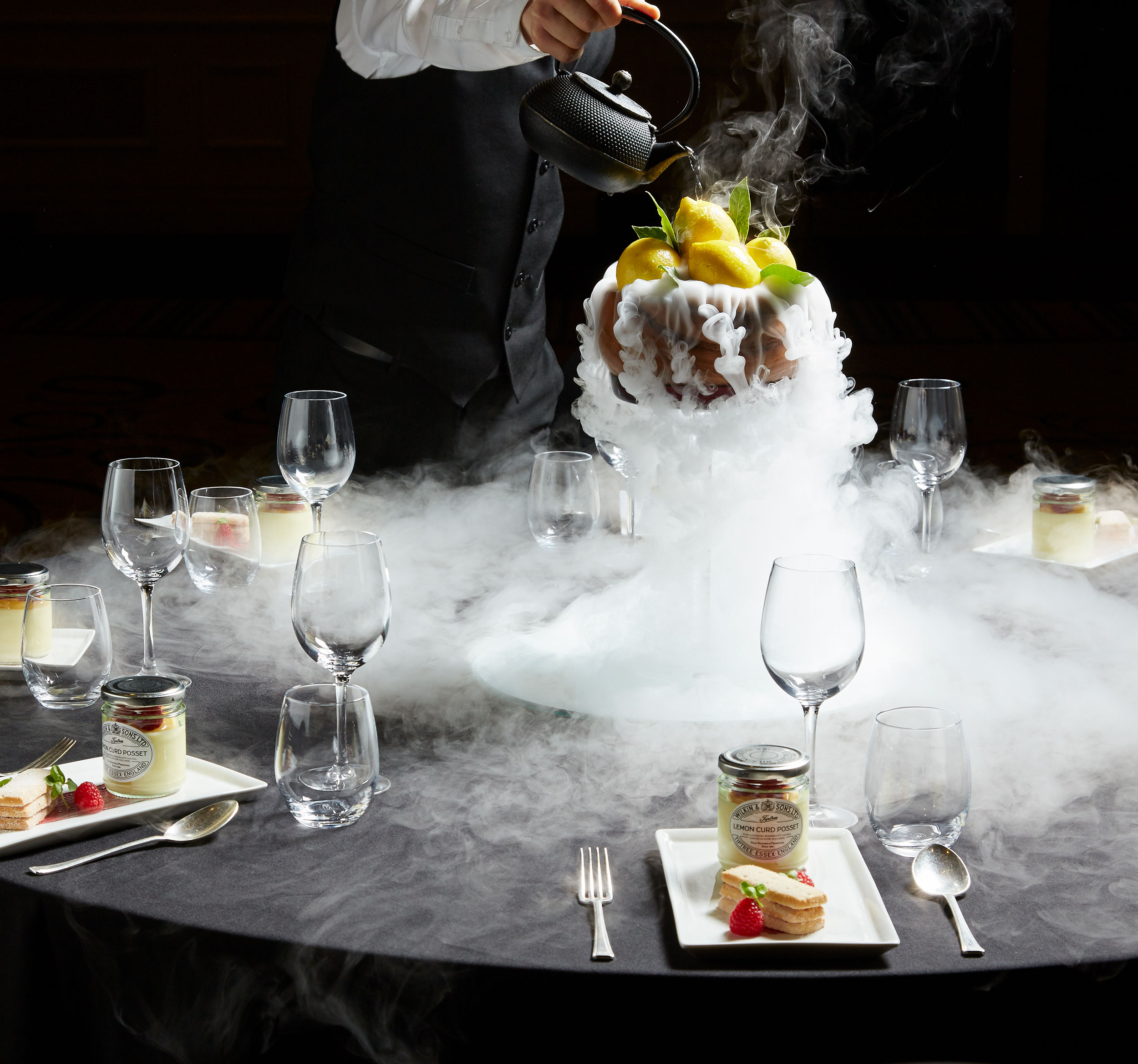 Desserts and dry ice at the London Marriott Grosvenor Square hotel.  Food photography by Mike Caldwell