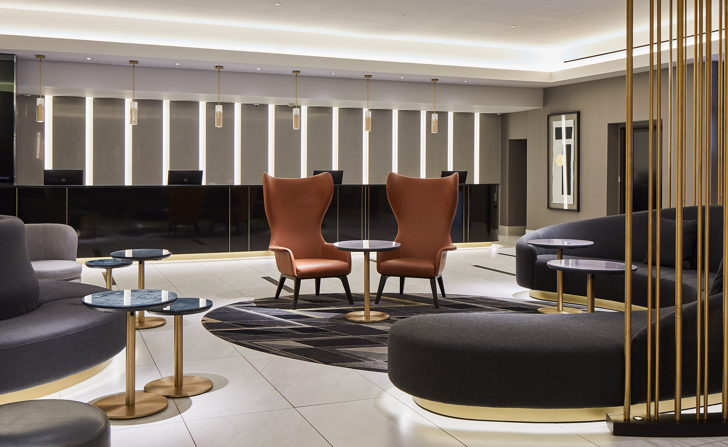 Lobby at the Strand Palace hotel, London.  Interior design photography by Mike Caldwell 