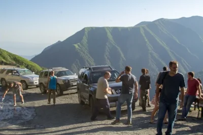 Taking a break as we approach the Tusheti pass, not far from Chechnya border. 
