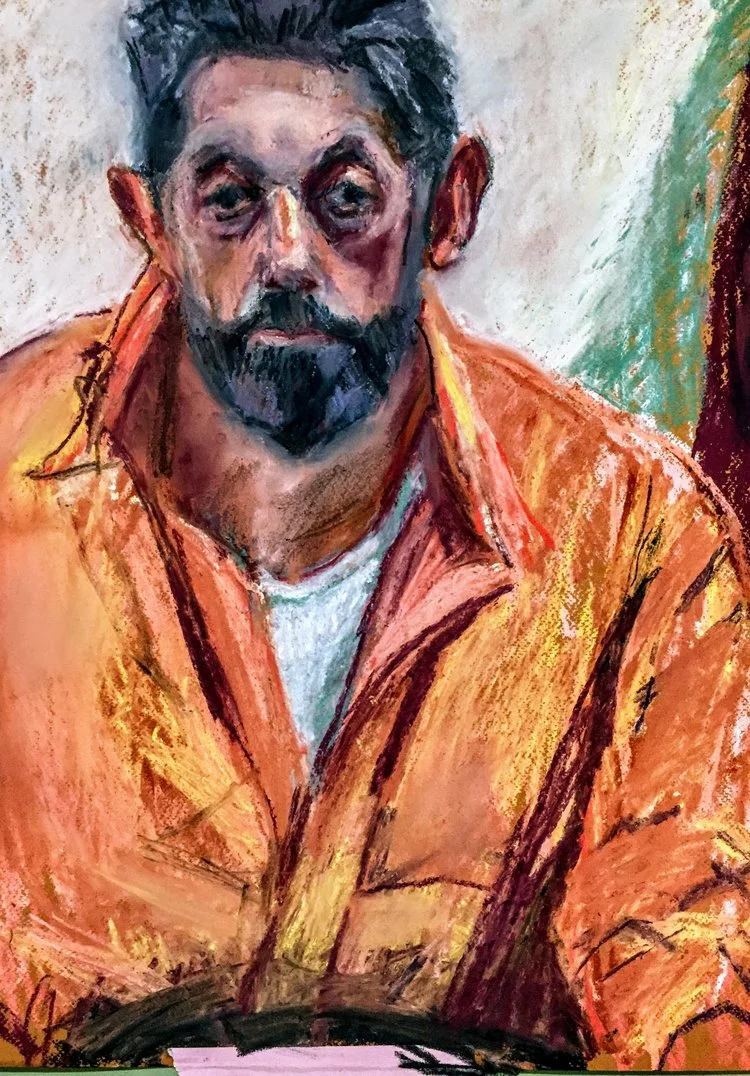 Clive in Orange Shirt Unison pastels on paper by Sally Hyman