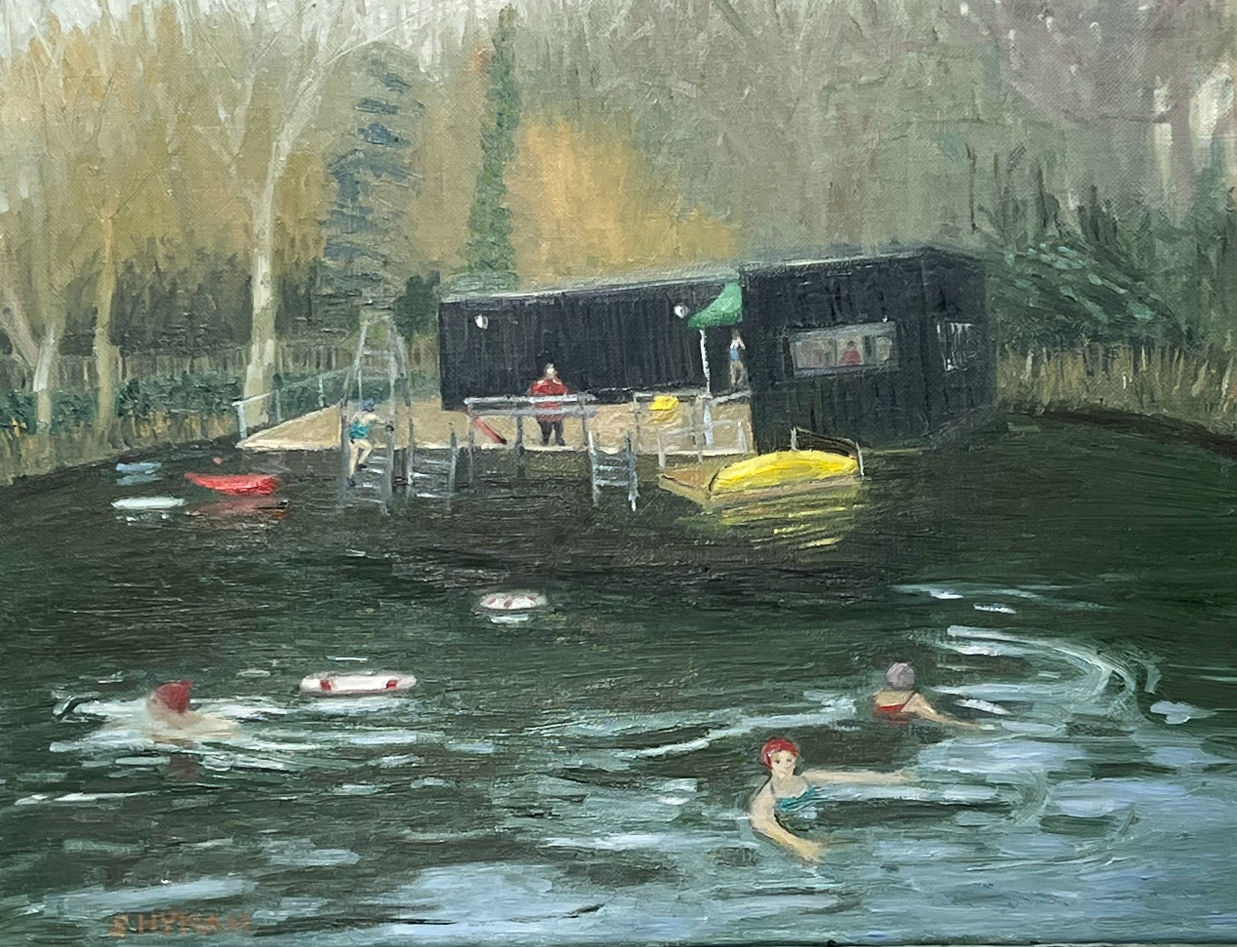 sold : this little painting of the Ladies' Pond on Hampstead Heath showing  intrepid winter swimmers