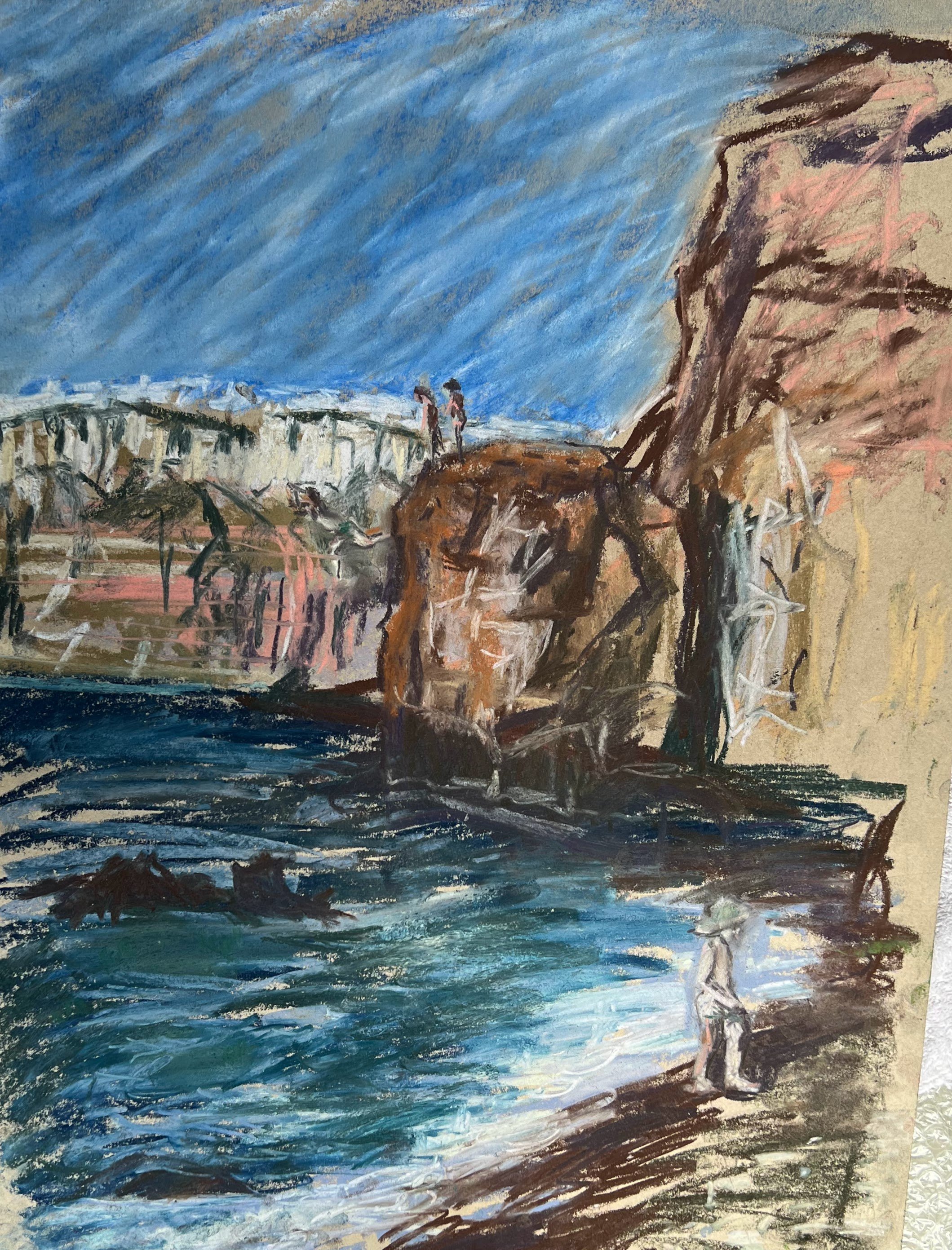  preliminary sketch in Santorini of volcanic beach when I was watching people jumping off cliff, later worked up into an oil painting (also posted here) 