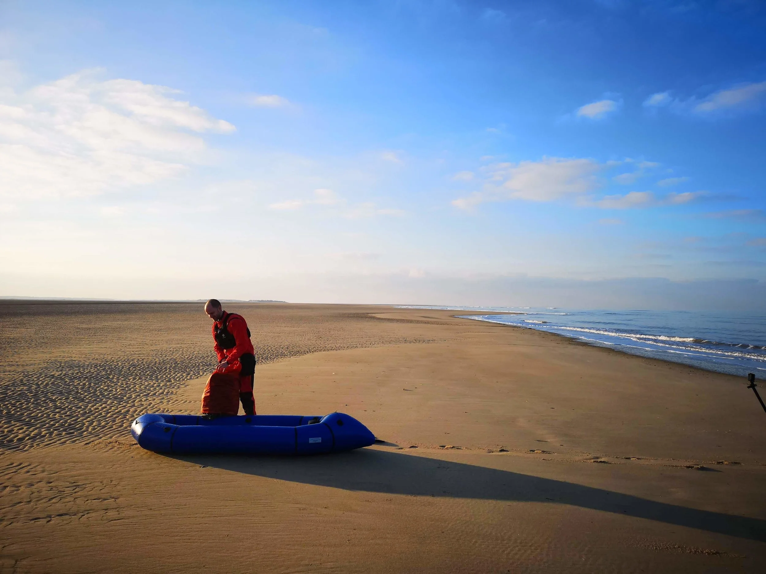 We paddled parallel to the coast for a while, but let time slip away a bit as we played in the surf. Realising we weren’t going to be able to reach our destination before dark, we beached our packrafts, deflated them, slung them into our rucksacks and hiked the final 5 km to the island (in the distance). The ability to switch between paddling and hiking at a moments notice is completely unique to packrafts.