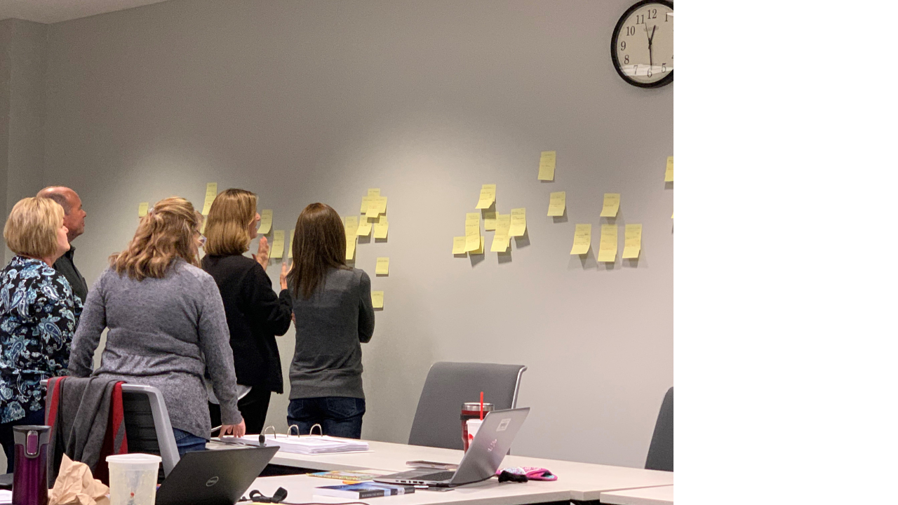 Four people stand at a wall covered in yellow sticky notes during a meeting.