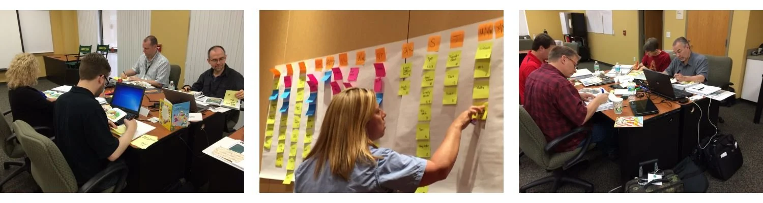 A triptych of photos shows office workers collaborating around tables and a large sticky-note wall.