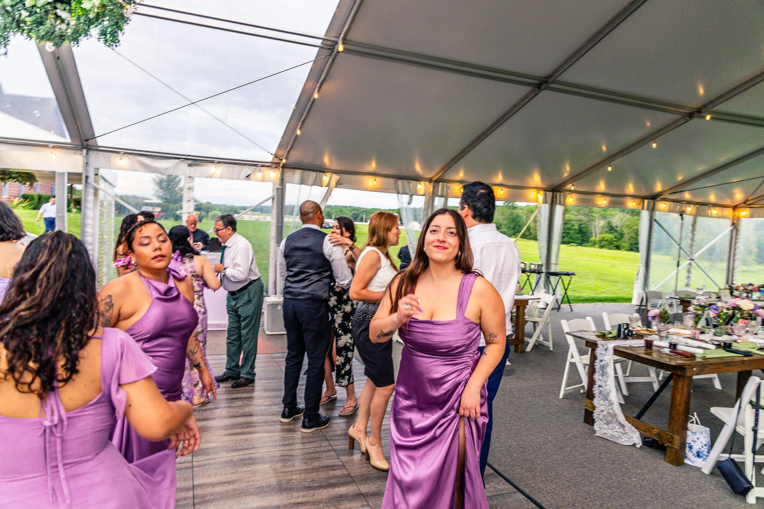 People dancing and socializing inside a large white event tent at an outdoor celebration, with a green landscape visible through the tent windows.