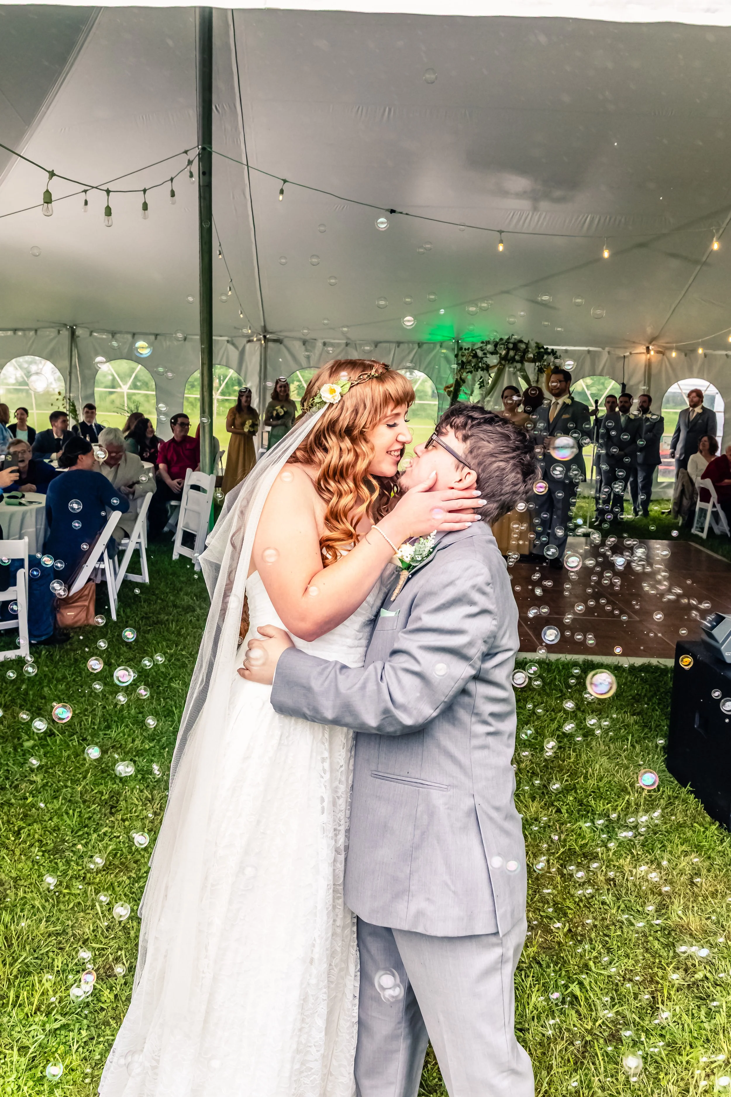 couple after the wedding vows, bubbles in the background , wedding, Factoryville, Pennsylvania