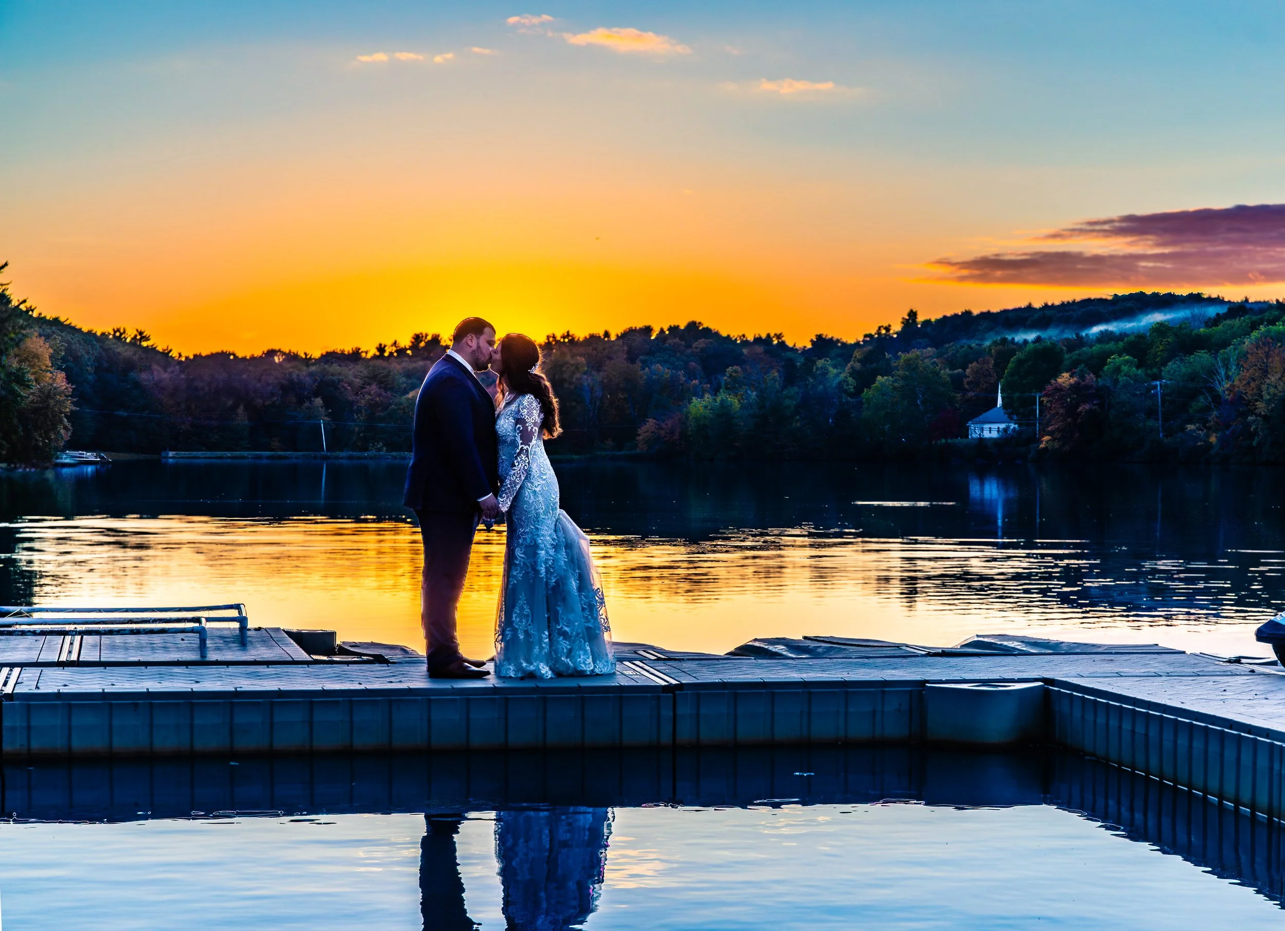 sunset shot with couple , wedding, Trout Lake, Pennsylvania