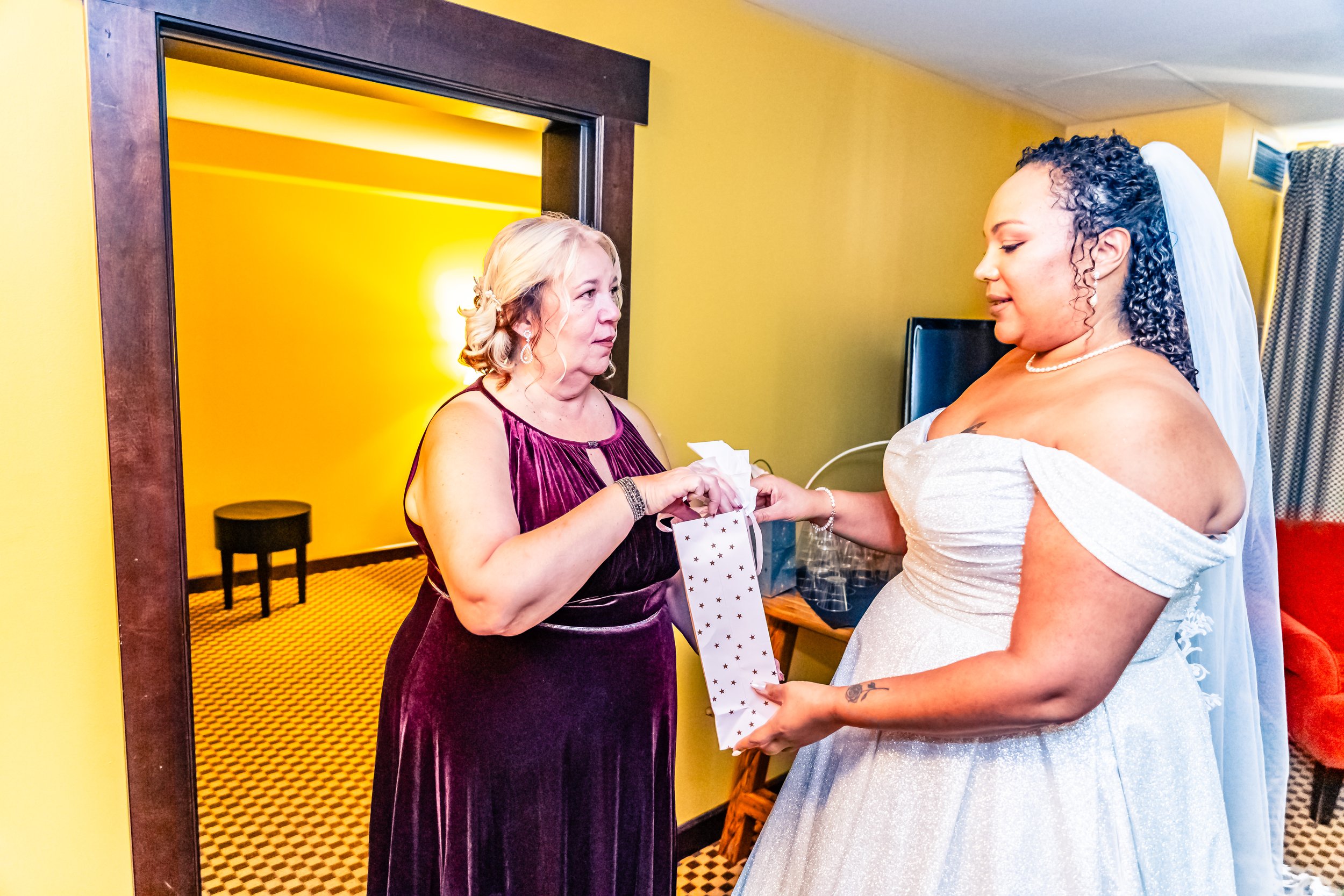 A bride in a white wedding dress with a veil and a pearl necklace is receiving a gift wrapped in white paper with star patterns from an older woman in a purple dress during a wedding event.