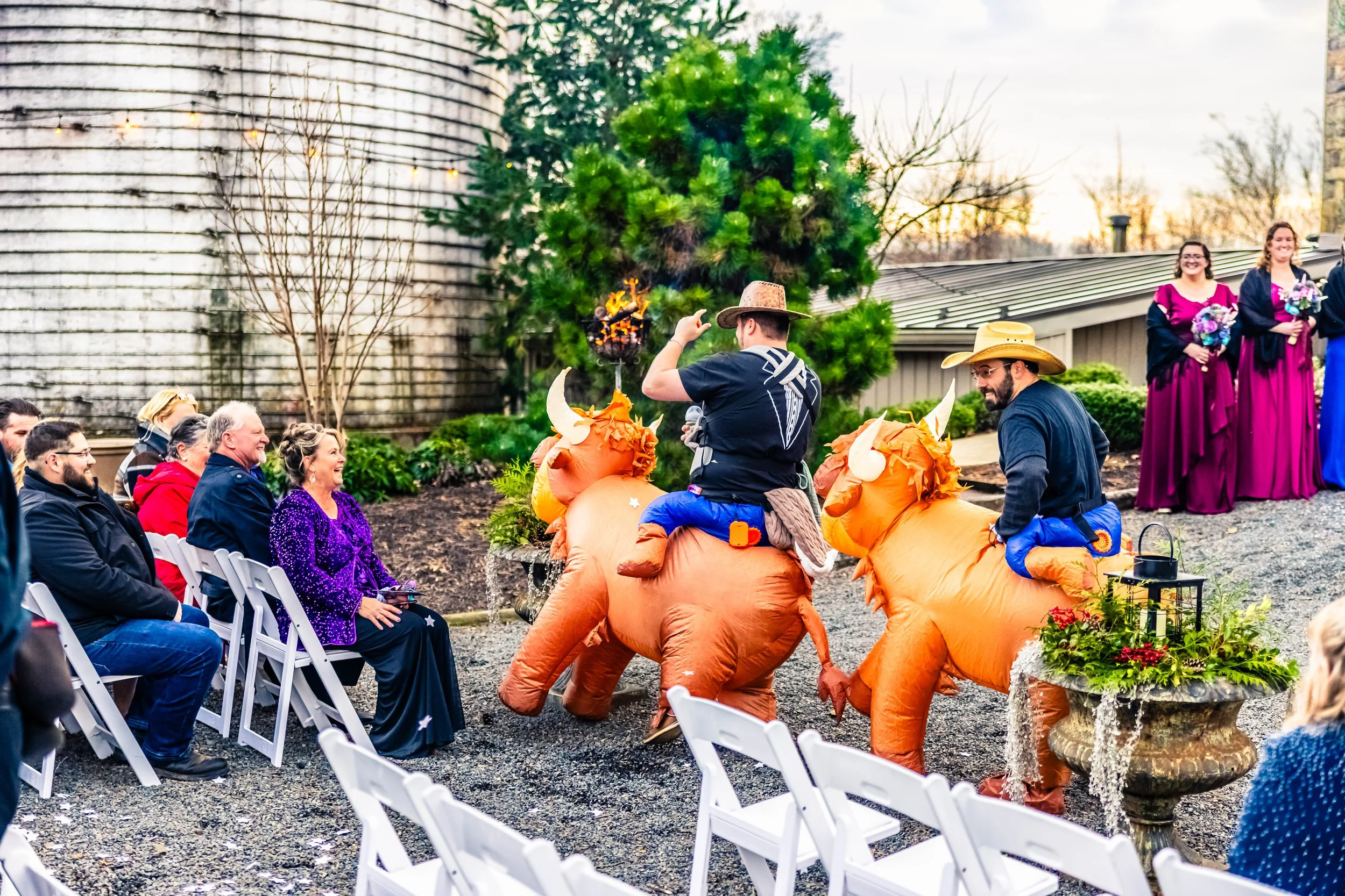People attending a wedding or celebration, with two individuals riding inflatable bull costumes dressed as buffalo, in front of an audience seated on white chairs, outdoors during sunset.
