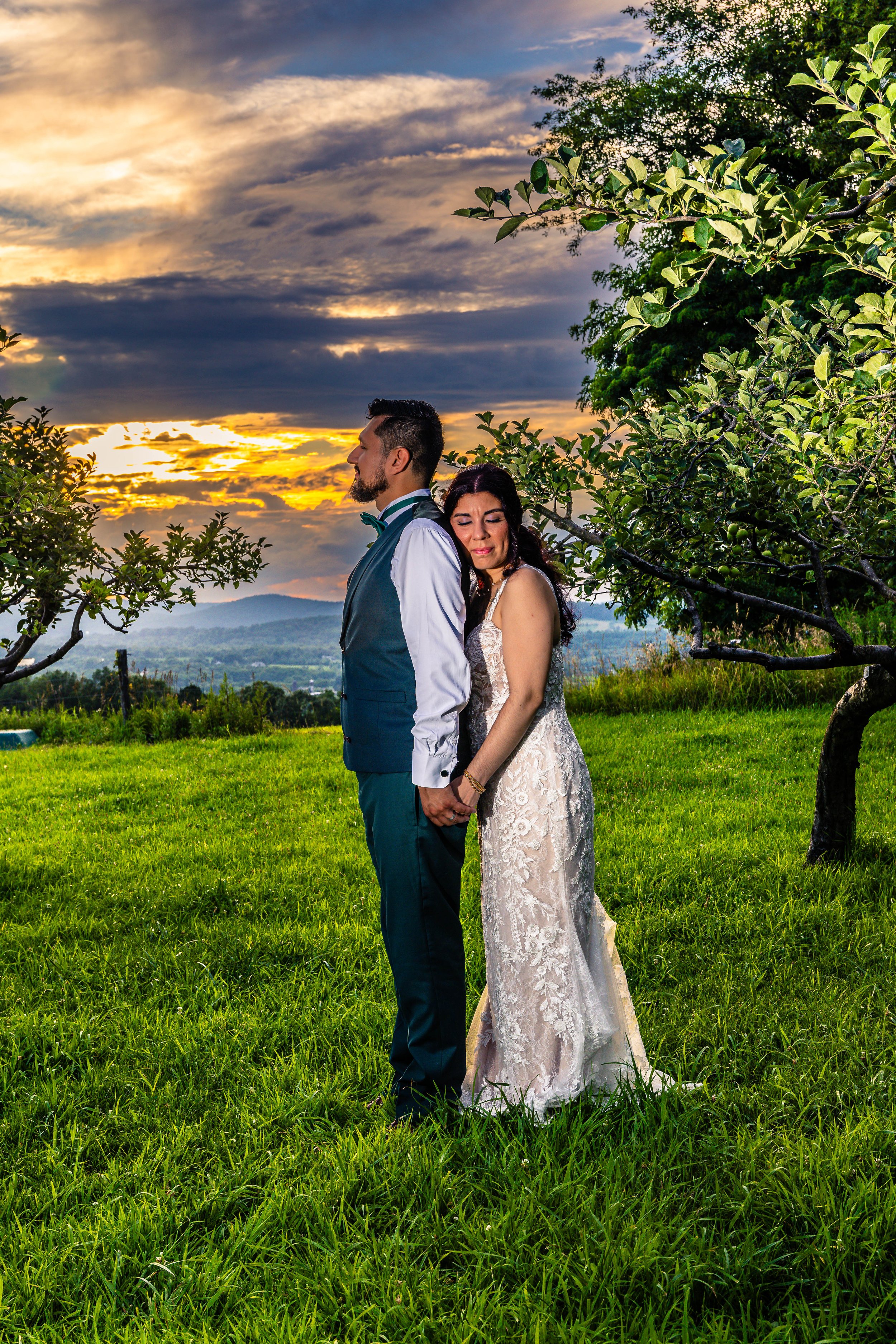 A bride and groom holding hands and standing back to back on a grassy field during sunset, surrounded by trees and mountains in the distance.