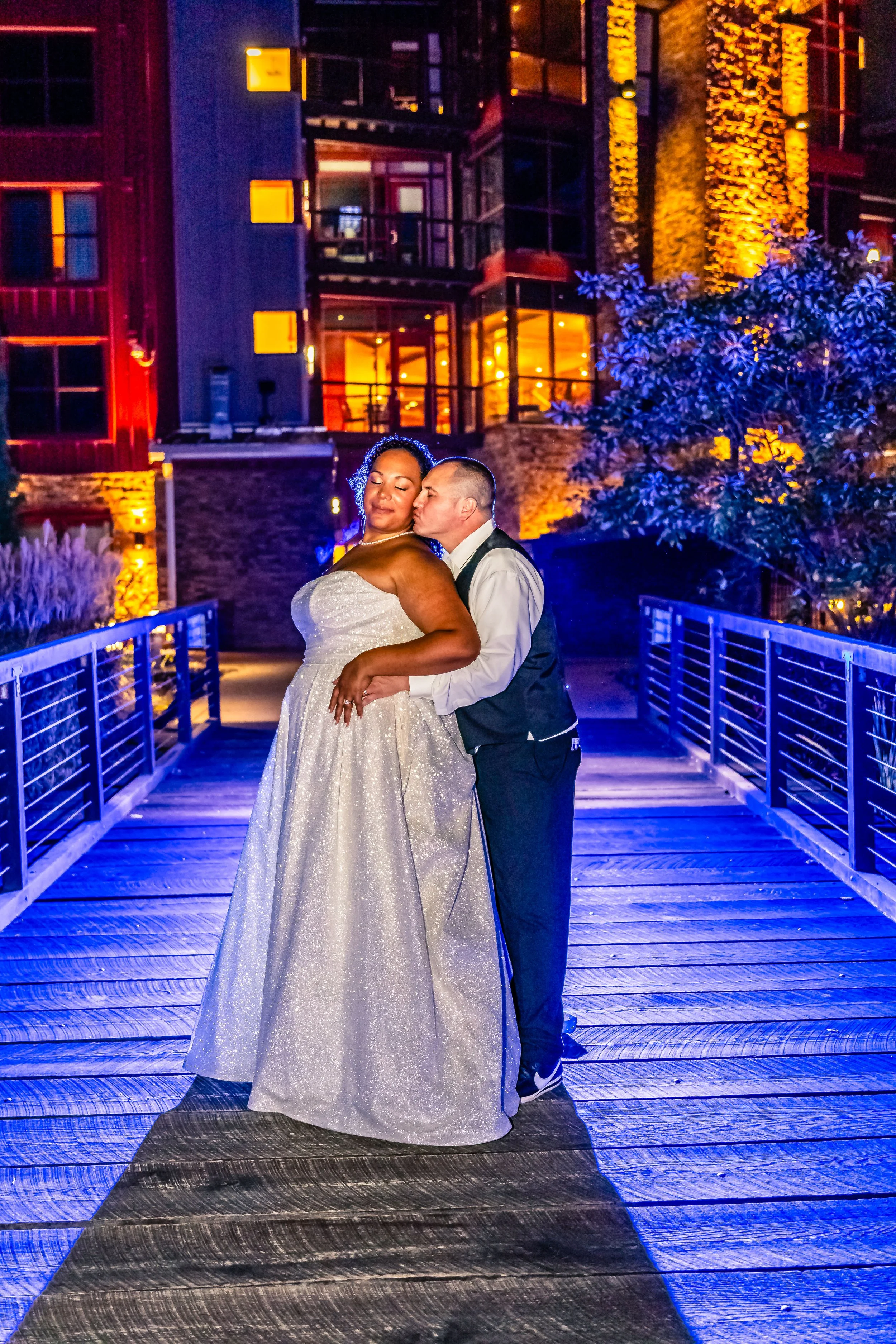 night shot with backlight mixed race couple , wedding, Bear Creek Pennsylvania